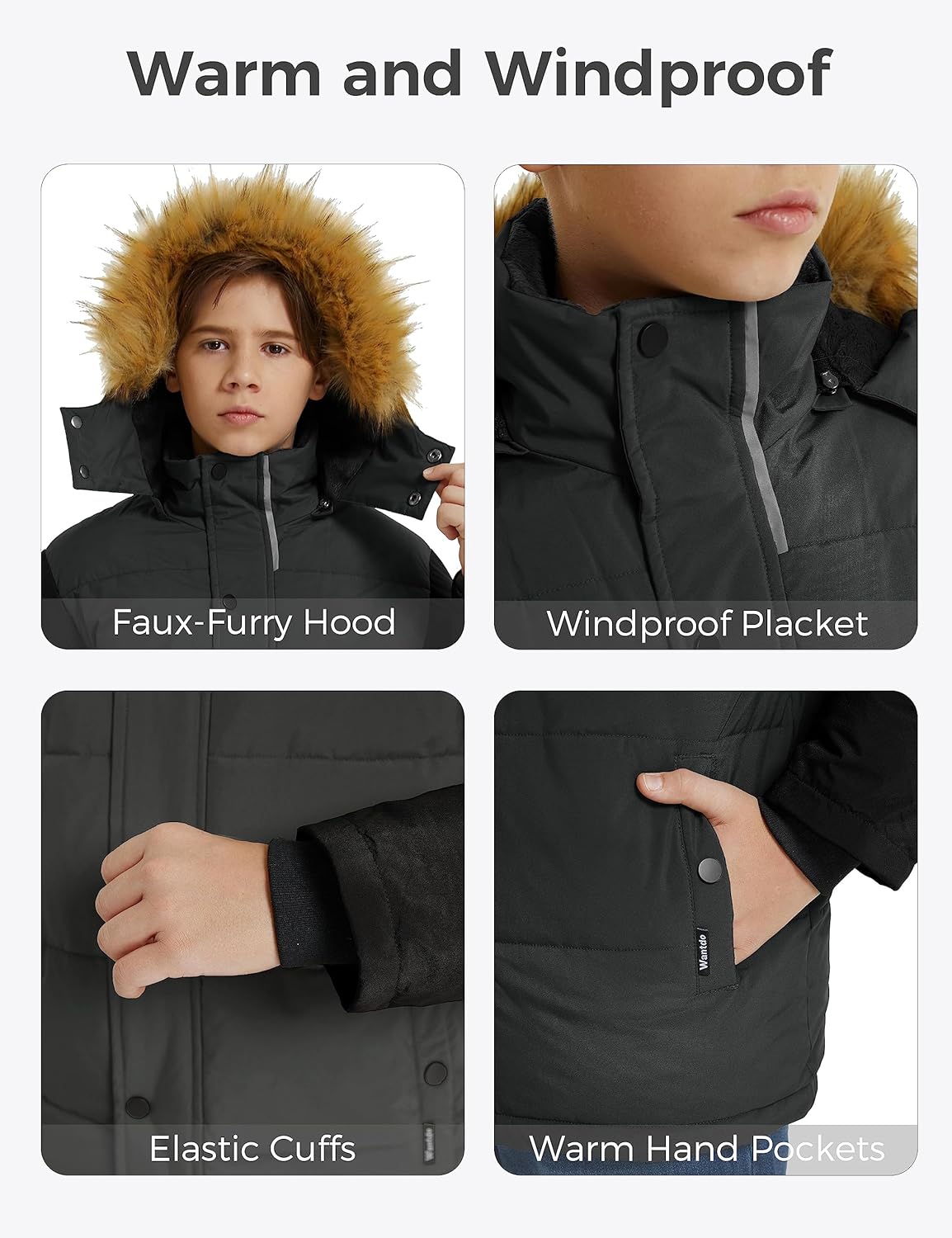 wantdo Boys Winter Coat Warm Puffer Coat Waterproof Winter Jacket with Faux Fur Hood