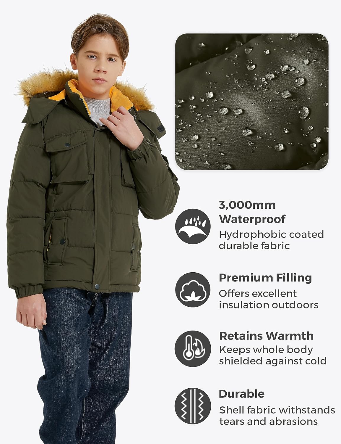 Wantdo Boys Warm Winter Coat Waterproof Thicken Puffer Jacket with Removable Fur Hood