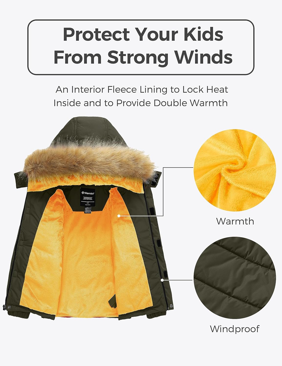 Wantdo Boys Warm Winter Coat Waterproof Thicken Puffer Jacket with Removable Fur Hood