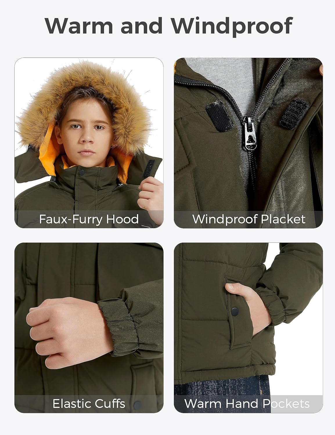 Wantdo Boys Warm Winter Coat Waterproof Thicken Puffer Jacket with Removable Fur Hood