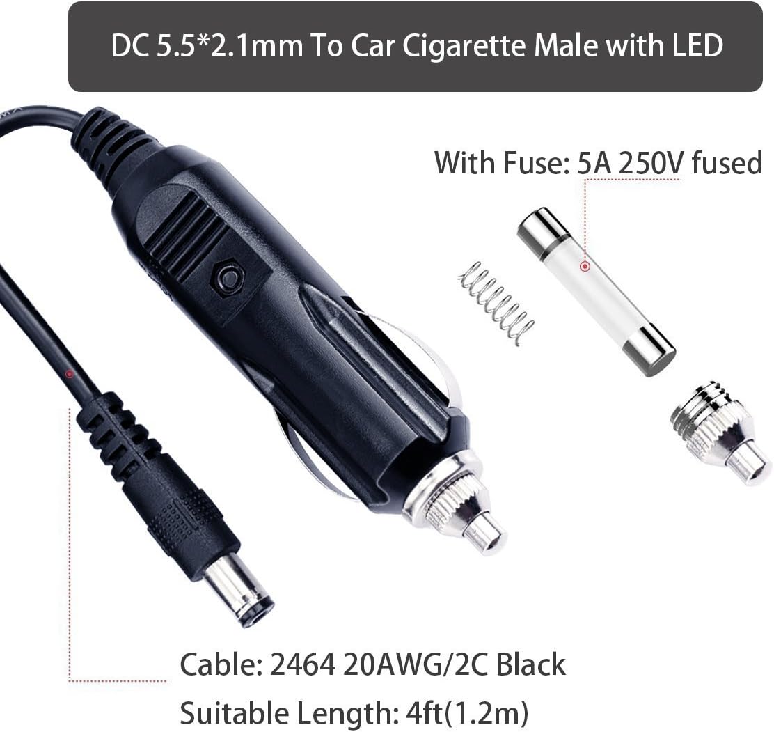 Кабель питания автомобильного зарядного устройства SPARKING DC 5,5 x 2,1 мм - 12 В -24 В 4 фута, штекер прикуривателя к разъему постоянного тока 5,5 x 2,1 мм