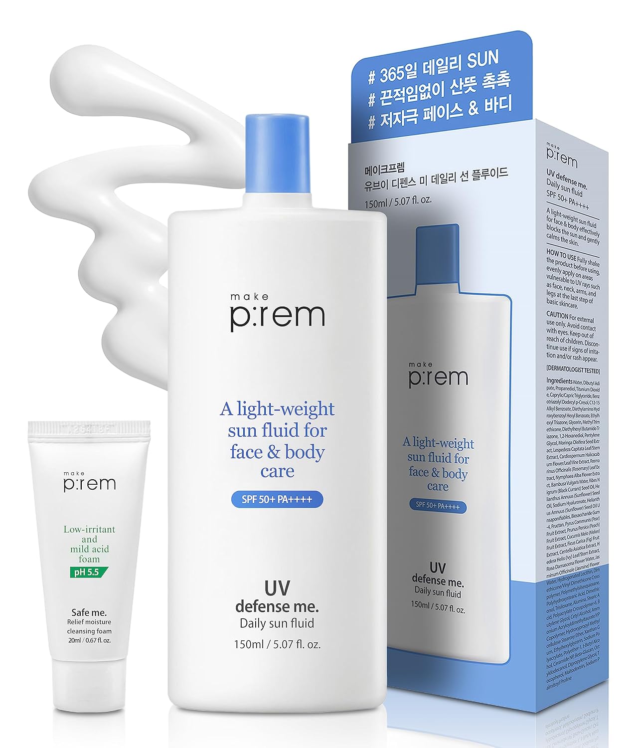 MAKEPREM Defense Me Daily Vegan Sun Fluid Non-greasy Calming Hydrating SPF 50 PA     Sunblock Reef-safe UV Broad Protection Sunscreen Blue Ray Sensitive Acne-Prone Oily Skin Face Body Korean Skincare
