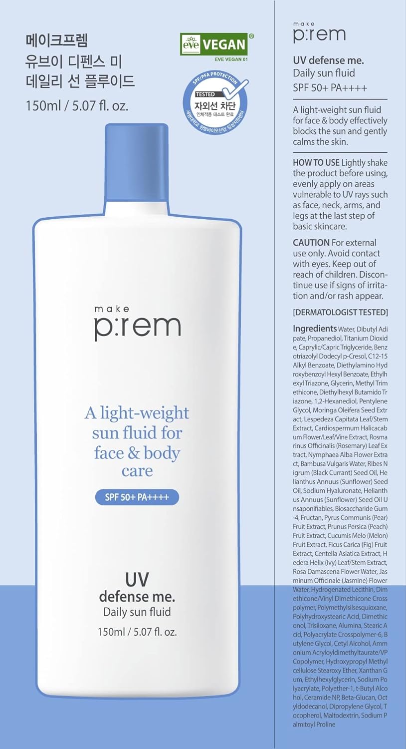 MAKEPREM Defense Me Daily Vegan Sun Fluid Нежирный Успокаивающий Увлажняющий SPF 50 PA Солнцезащитный крем Безопасный для рифов УФ-фильтр с широкой защитой Солнцезащитный крем Blue Ray Чувствительная кожа, склонная к акне Жирная кожа Лицо Тело Корейский уход за кожей
