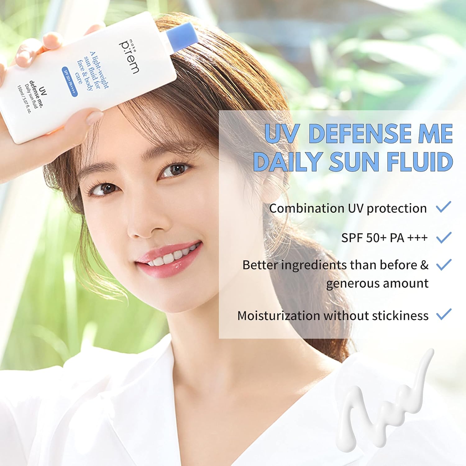 MAKEPREM Defense Me Daily Vegan Sun Fluid Нежирный Успокаивающий Увлажняющий SPF 50 PA Солнцезащитный крем Безопасный для рифов УФ-фильтр с широкой защитой Солнцезащитный крем Blue Ray Чувствительная кожа, склонная к акне Жирная кожа Лицо Тело Корейский уход за кожей