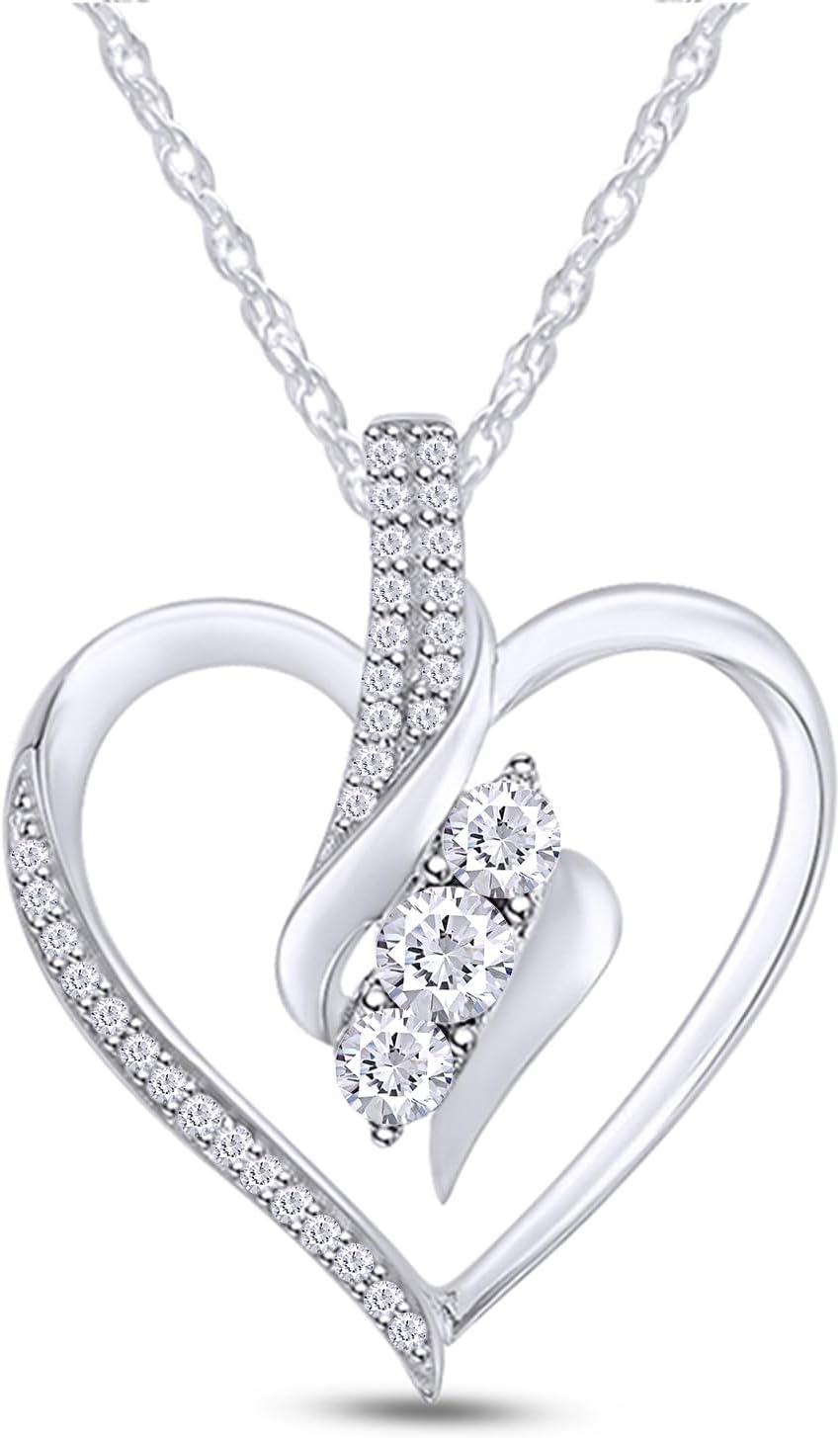 AFFY Heart Pendant Necklace | 3 Stone 1/4cttw Natural Diamond, Moissanite  Lab Grown Diamond | 14K Gold Over Sterling Silver (0.25 Ct) with Free 18 Chain For Women, Gift For Her · v4