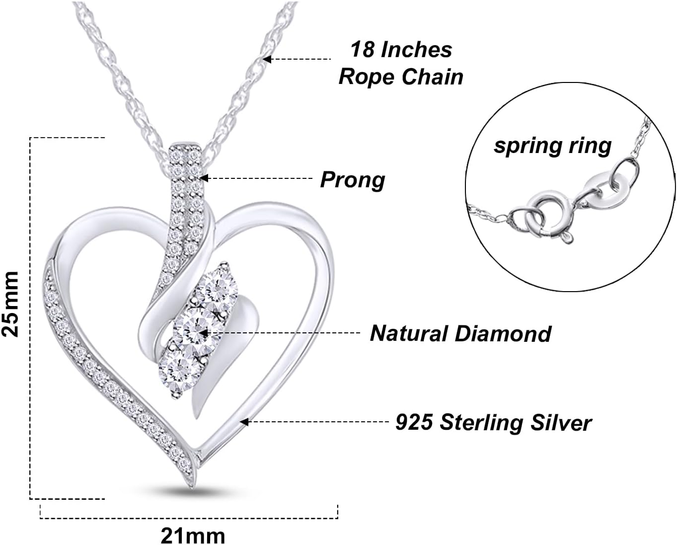 AFFY Kalp Kolye Kolye | 3 Taşlı 1/4cttw Doğal Pırlanta, Moissanite Laboratuvarda Yetiştirilmiş Pırlanta | 14 Ayar Altın Üzerinde Gümüş (0.25 Ct), Kadınlar İçin Ücretsiz 18 Zincirli, Ona Hediye