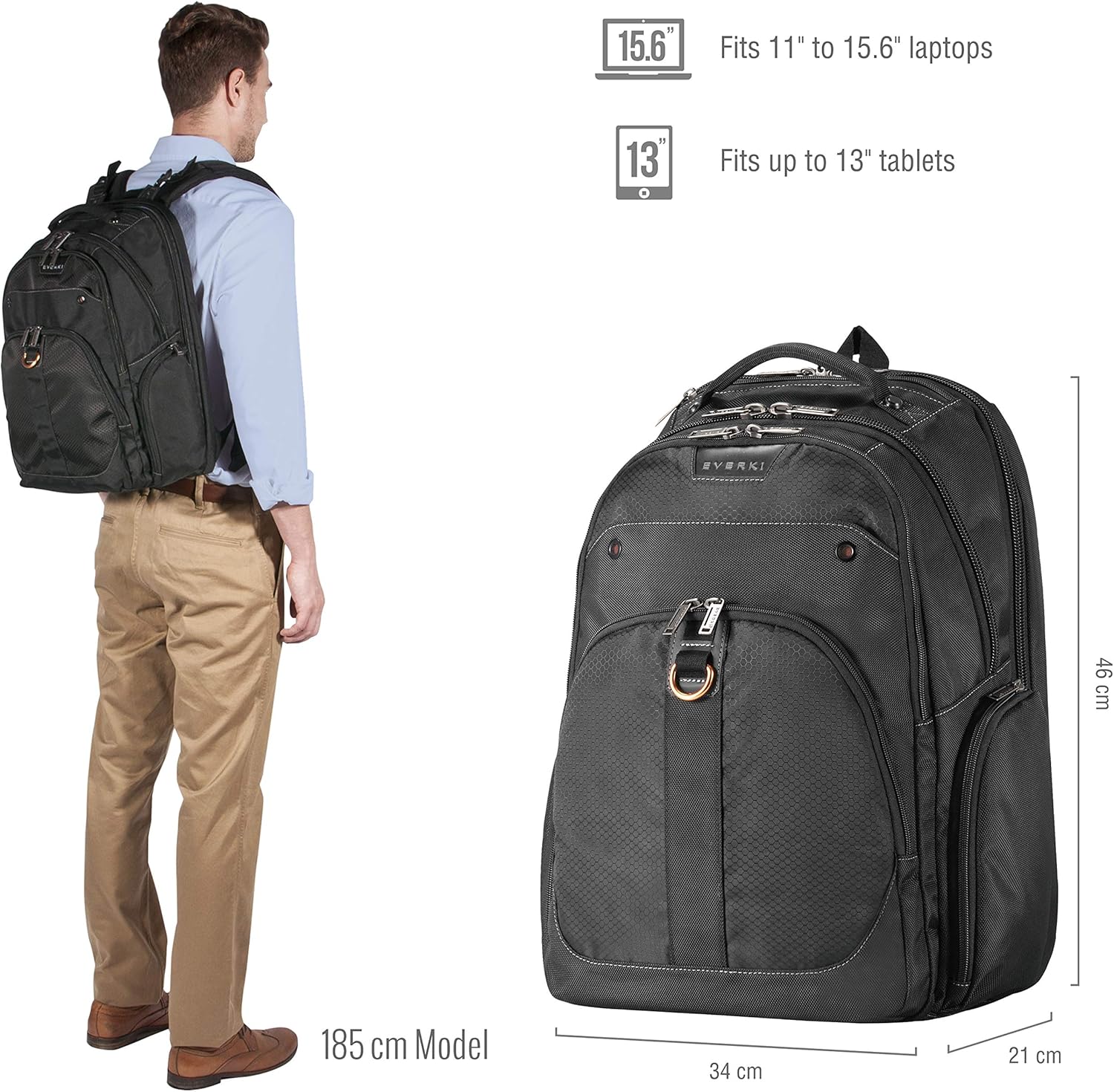 Everki Atlas กระเป๋าเป้สะพายหลังใส่โน้ตบุ๊กสำหรับธุรกิจ - กระเป๋าเป้สะพายหลังสำหรับผู้หญิงหรือผู้ชายสำหรับทำงาน พร้อมช่องปรับได้ขนาด 11 - 15.6 นิ้ว ความจุ 29.5 ลิตร - กระเป๋าเป้สะพายหลังสำหรับใส่โน้ตบุ๊กสำหรับสำนักงานที่เดินทางสะดวก (EKP121S15) สีดำ