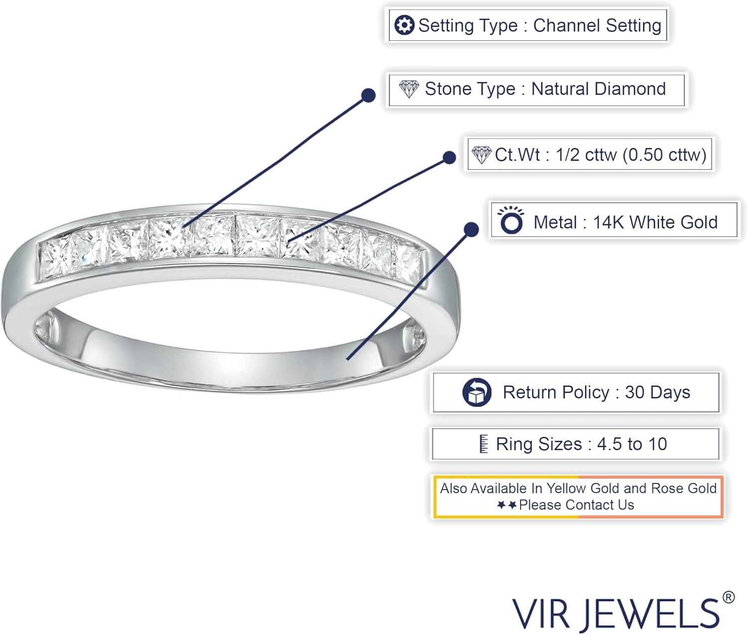 แหวนเพชร 1/2 กะรัต (ctw) สำหรับผู้หญิง ทรง Princess Cut ในทองคำขาว 14K แบบฝังแบบฝังแบบ Channel Set น้ำหนัก 0.50 กะรัต ขนาด 4.5-10