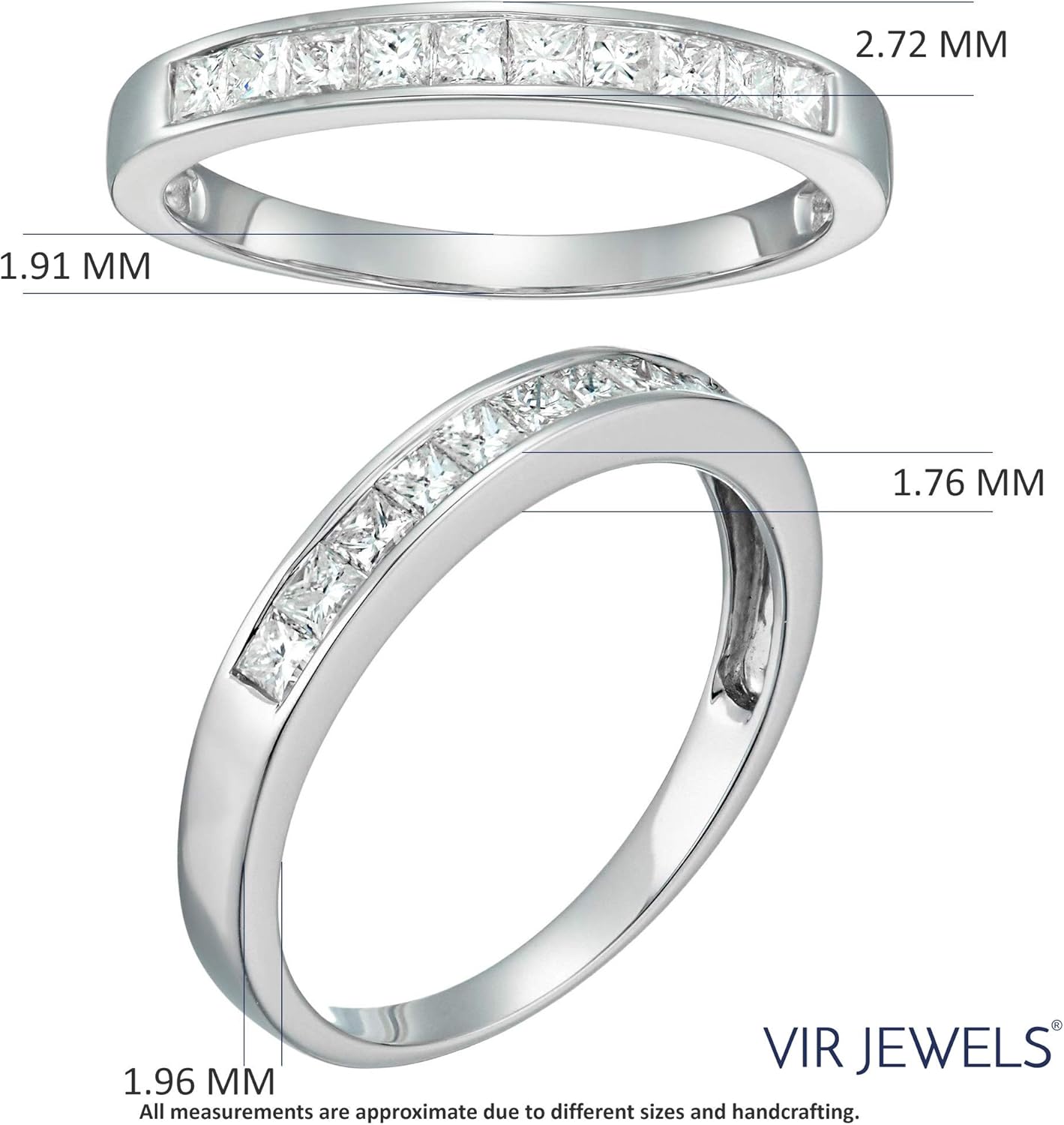 แหวนเพชร 1/2 กะรัต (ctw) สำหรับผู้หญิง ทรง Princess Cut ในทองคำขาว 14K แบบฝังแบบฝังแบบ Channel Set น้ำหนัก 0.50 กะรัต ขนาด 4.5-10