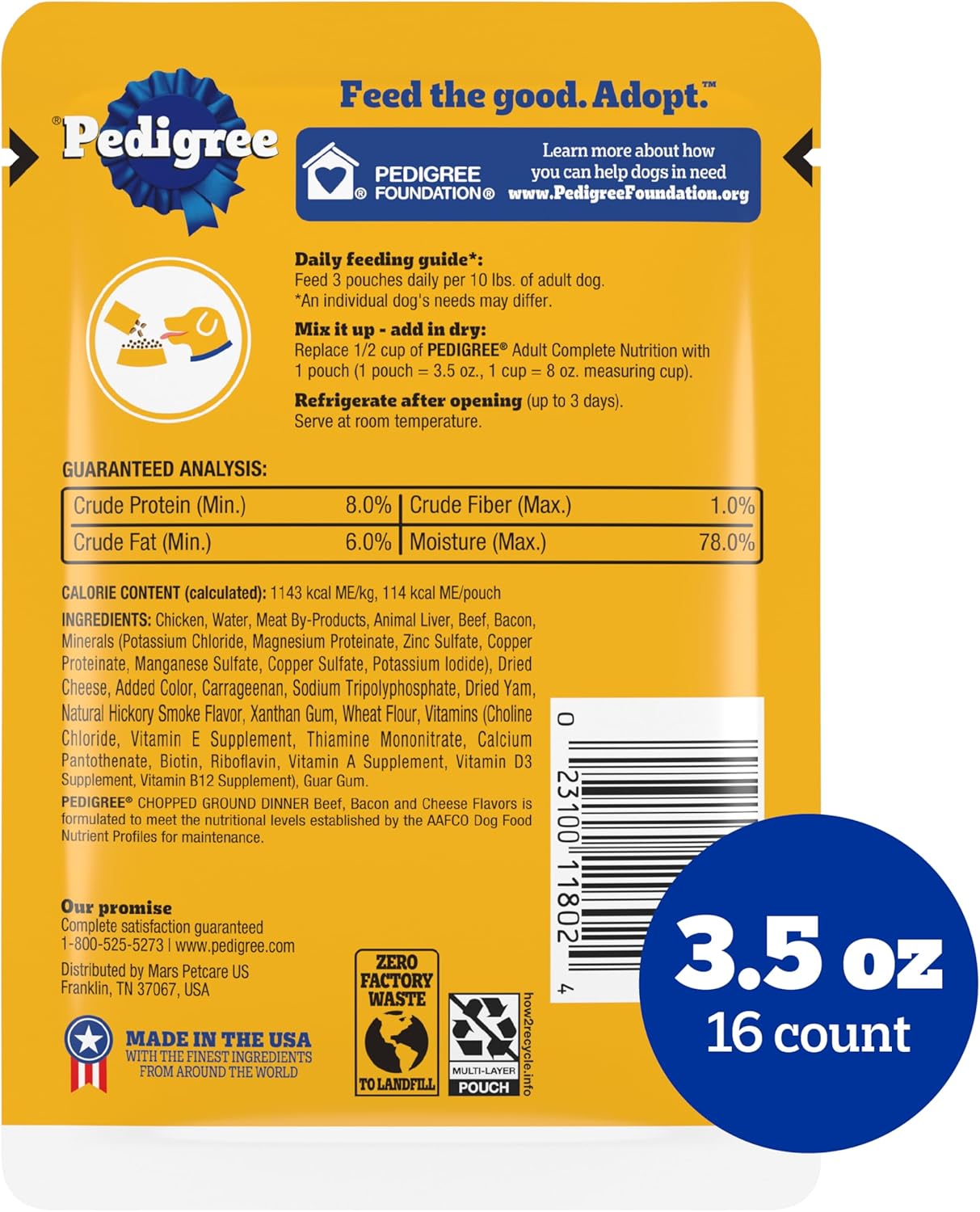 PEDIGREE CHOPPED GROUND DINNER Adult Soft Wet Dog Food, Beef, Bacon  Cheese Flavors, 3.5 oz Pouches, 16 Pack