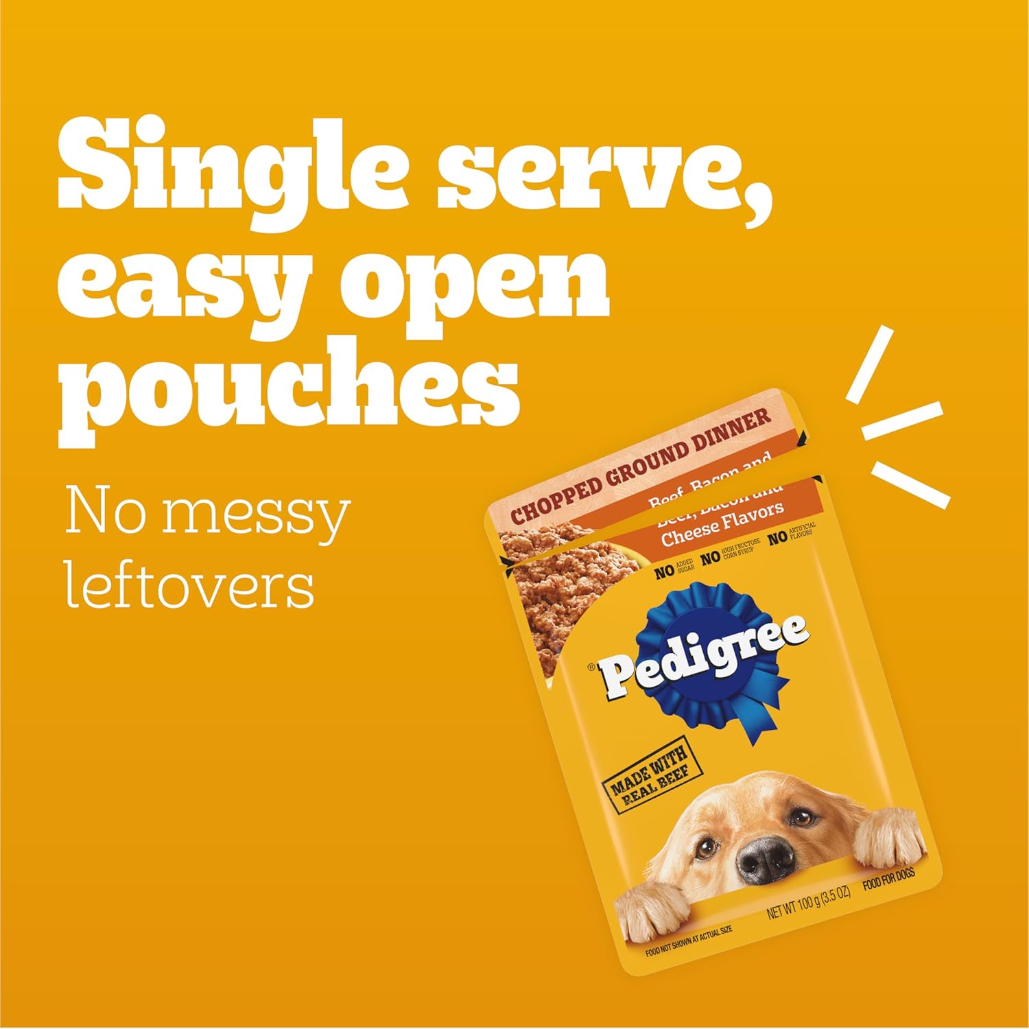 PEDIGREE CHOPPED GROUND DINNER Adult Soft Wet Dog Food, Beef, Bacon  Cheese Flavors, 3.5 oz Pouches, 16 Pack