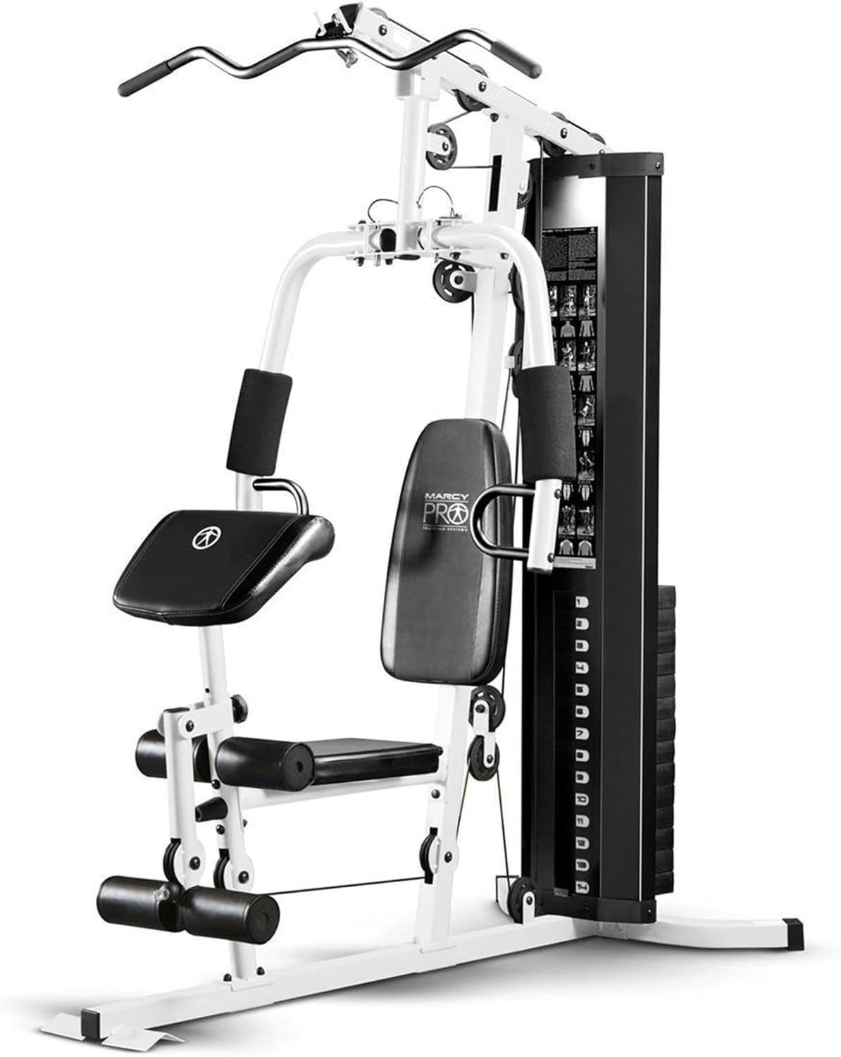 Marcy Home Gym Workout Station with Curl Pad, Lat Pulldown, Leg Developer  Weights, White
