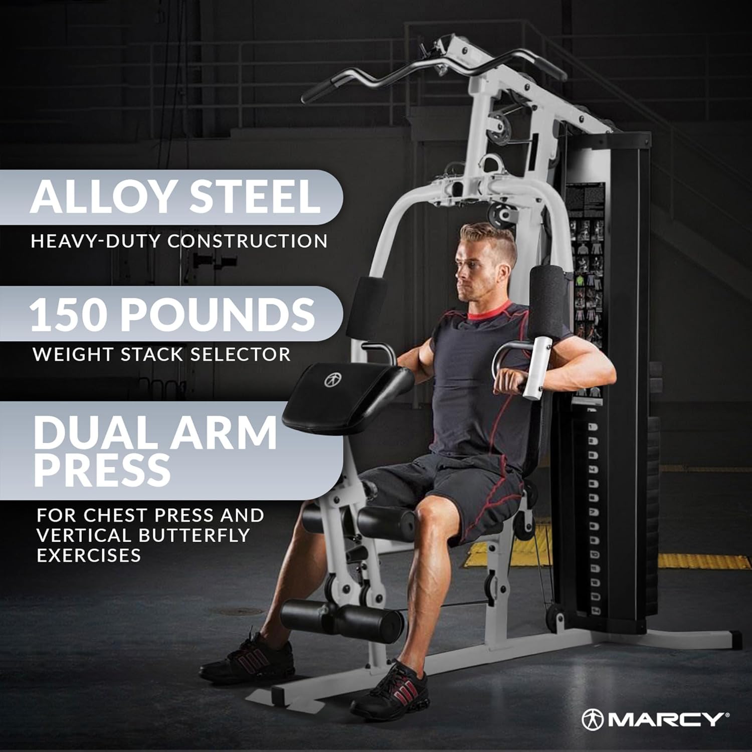 Marcy Home Gym Workout Station with Curl Pad, Lat Pulldown, Leg Developer Weights, White · v9
