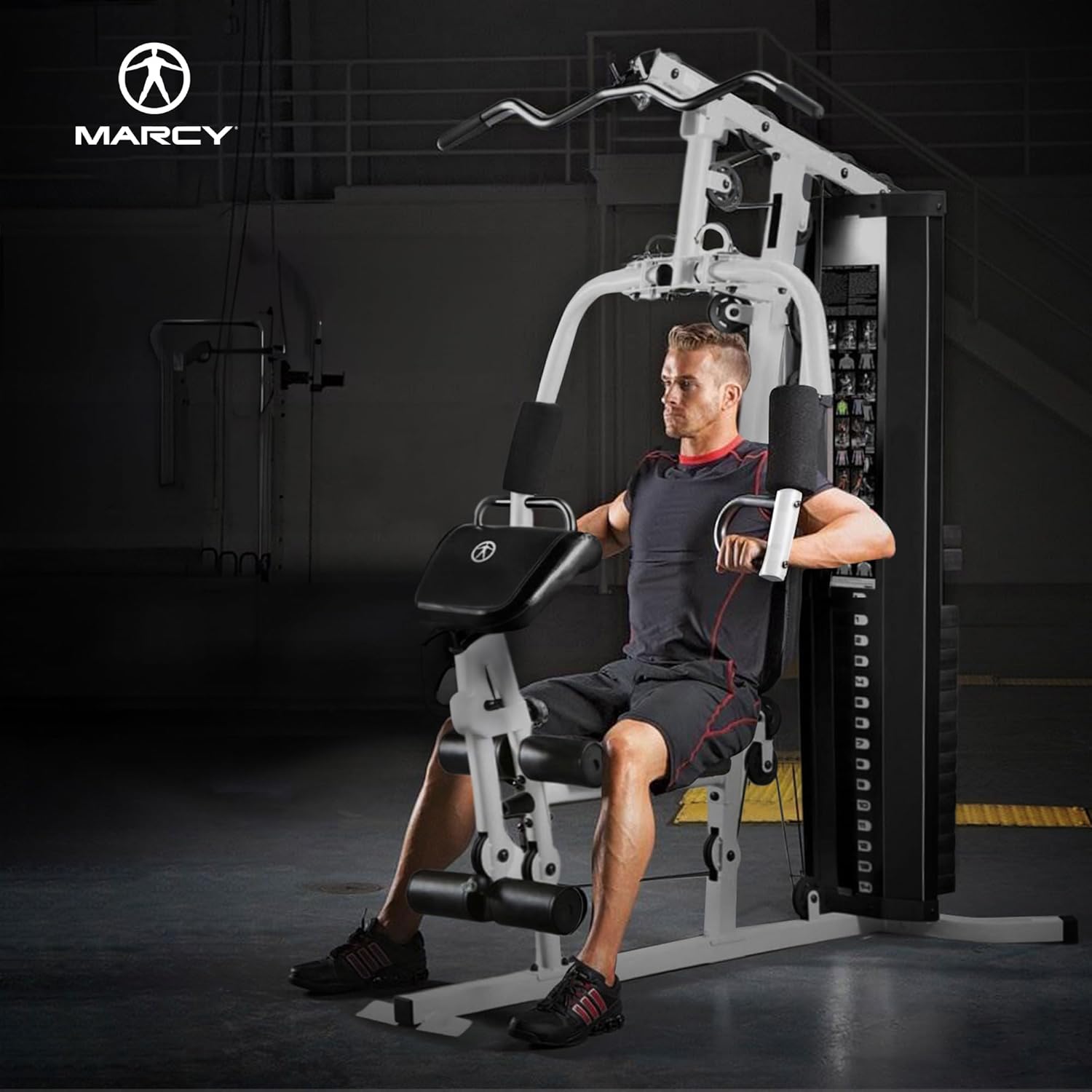 Marcy Home Gym Workout Station with Curl Pad, Lat Pulldown, Leg Developer Weights, White · v9