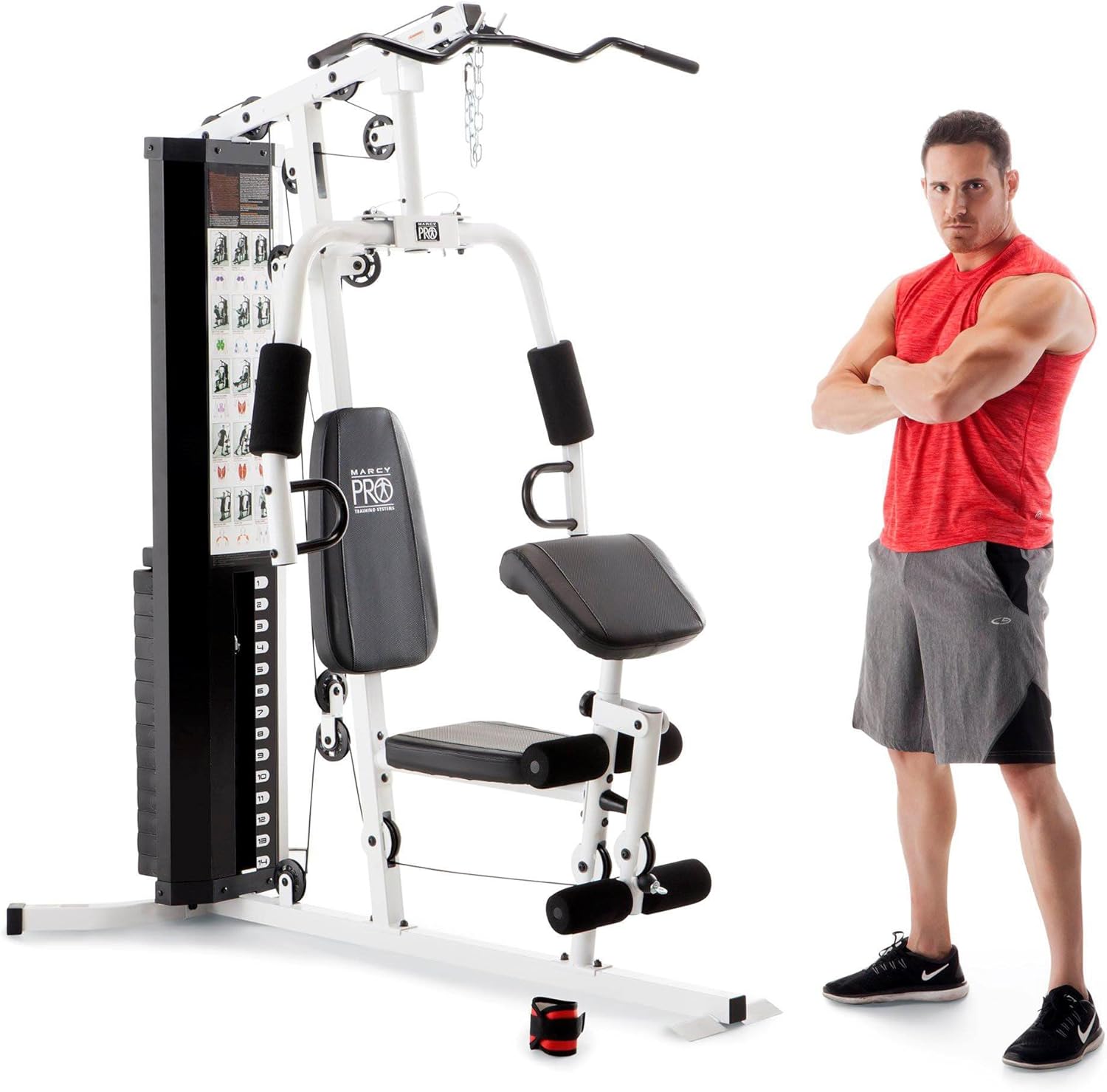 Marcy Home Gym Workout Station with Curl Pad, Lat Pulldown, Leg Developer Weights, White · v9