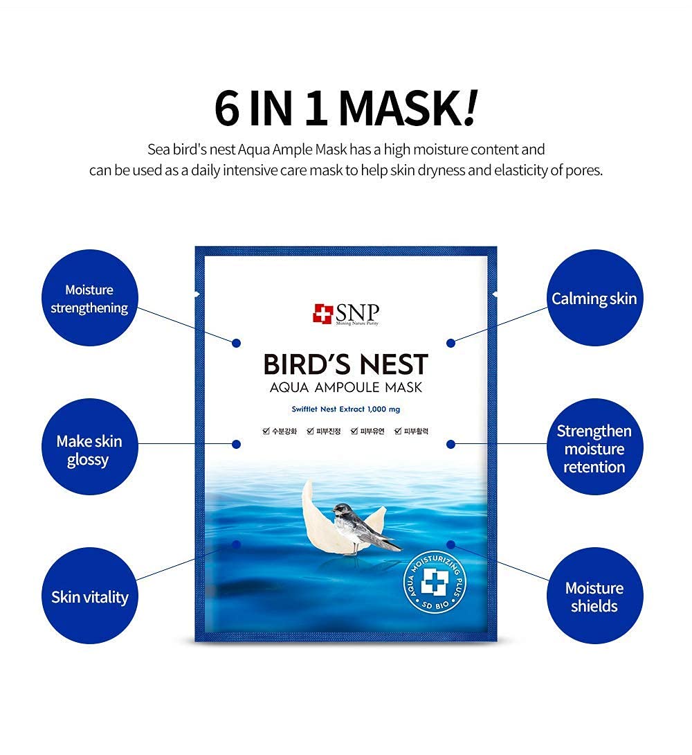 SNP Variety Ampoule Sheet Mask Set | Birds Nest, 24K Gold, and Diamond Face Mask | For Hydrating, Brightening, and Sensitive Facial Skin | Korean Face Masks Skincare | 12 Sheets