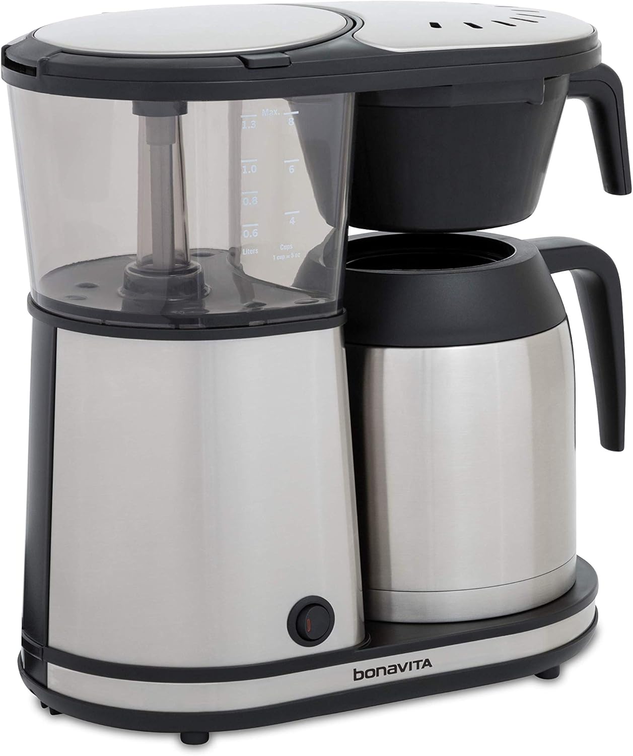 Cafetera Bonavita Connoisseur para 8 tazas con un solo toque, con cesta de filtro colgante y jarra térmica, BV1901TS, acero inoxidable, cromada