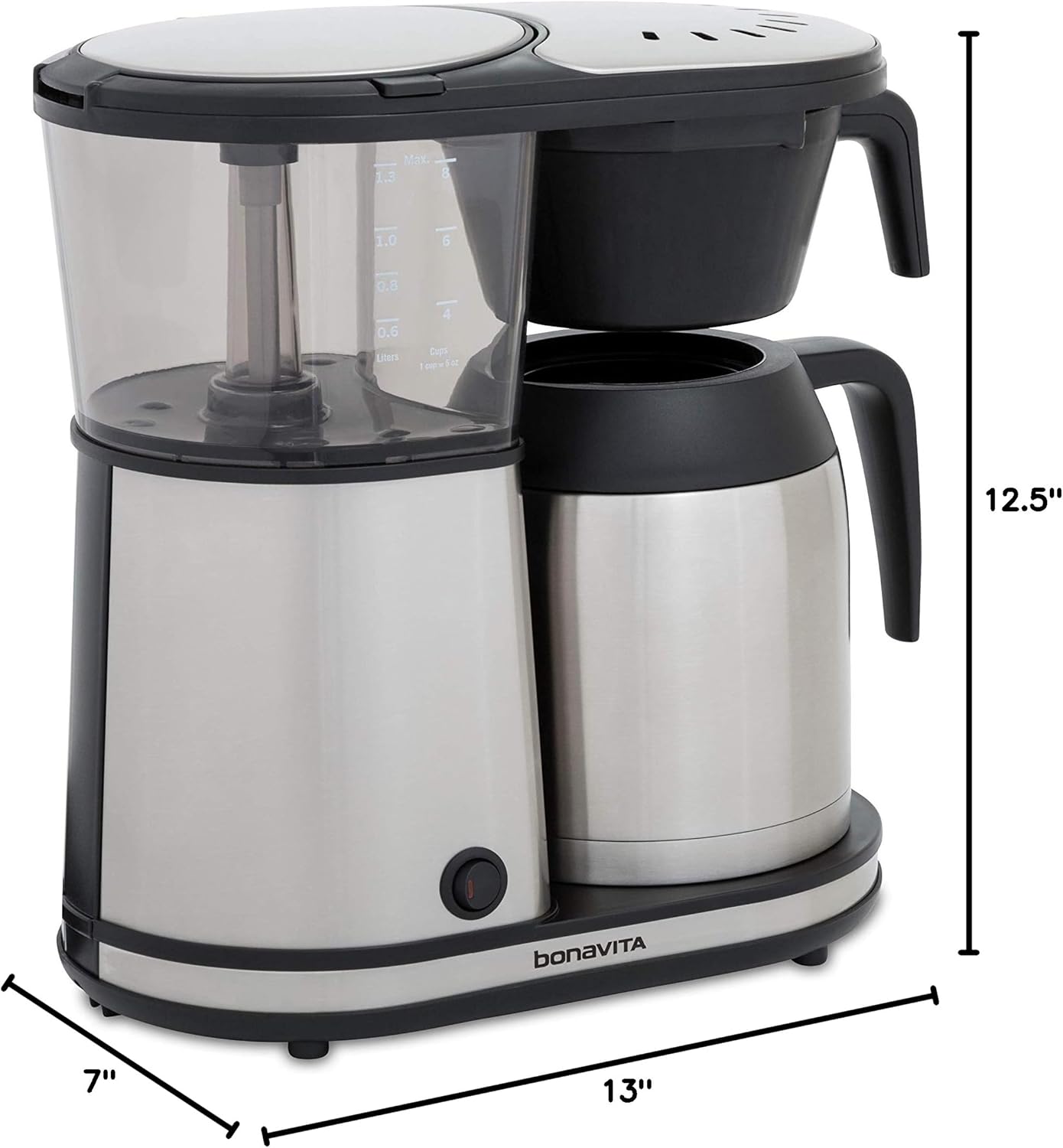 Cafetera Bonavita Connoisseur para 8 tazas con un solo toque, con cesta de filtro colgante y jarra térmica, BV1901TS, acero inoxidable, cromada