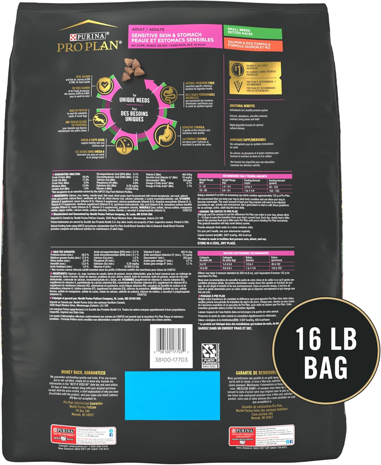 Purina Pro Plan hondenvoer voor volwassenen voor gevoelige huid en maag, formule met zalm en rijst voor kleine rassen, zak van 16 pond