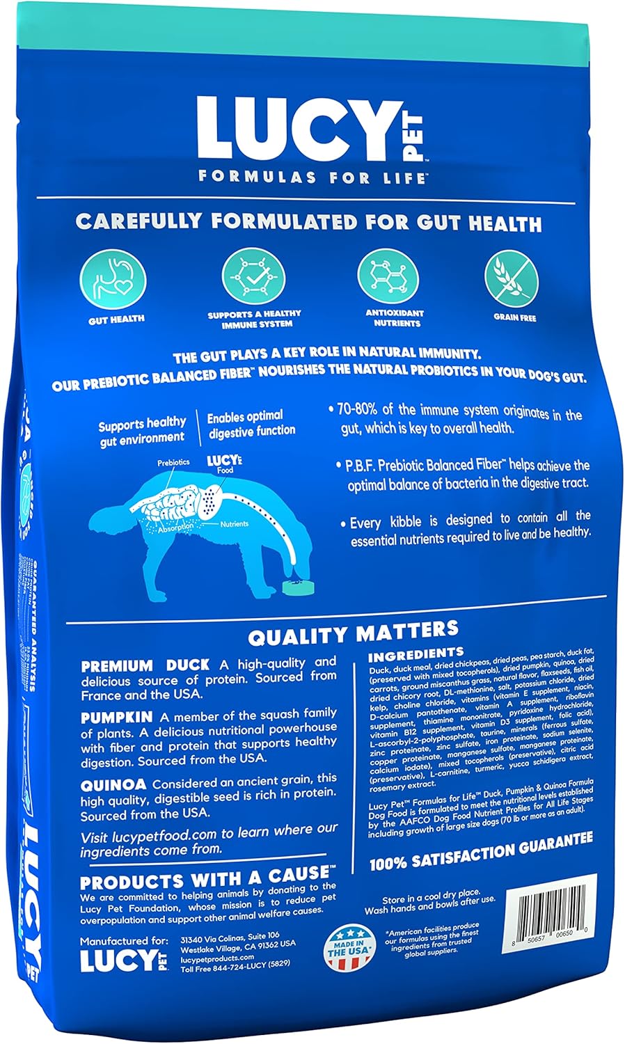 Lucy Pet Products Formulas for Life Duck, calabaza, quinoa, alimento seco para perros, todas las etapas de la vida, salud digestiva, estómago y piel sensibles, bolsa de 25 libras