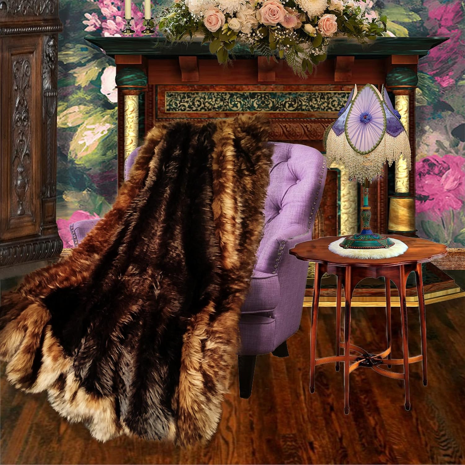 Luxury Fur Throw Blanket - Brown Beaver with Coyote Border - Premium Animal Friendly Faux Fur - Fur Accents - USA (5x7') · v2