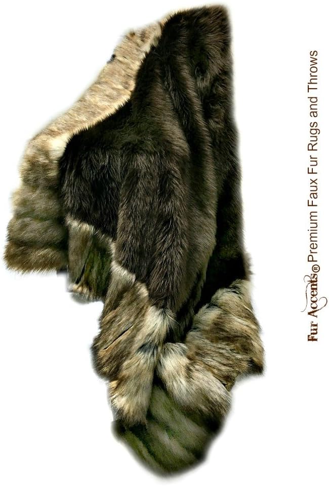 Luxury Fur Throw Blanket - Brown Beaver with Coyote Border - Premium Animal Friendly Faux Fur - Fur Accents - USA (5x7') · v2