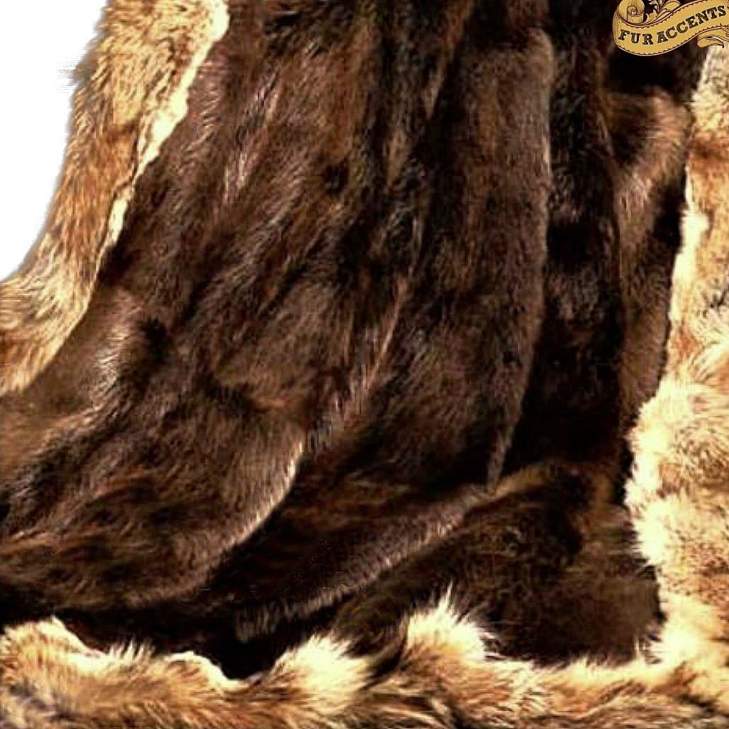 Luxury Fur Throw Blanket - Brown Beaver with Coyote Border - Premium Animal Friendly Faux Fur - Fur Accents - USA (5x7') · v2