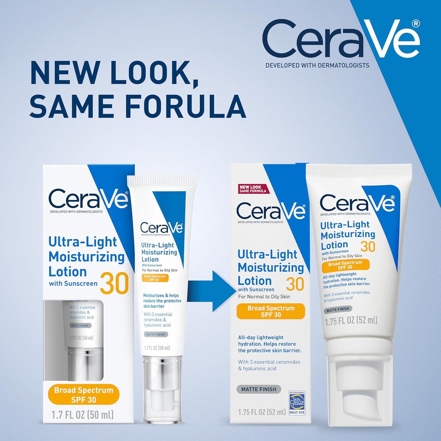 CeraVe Ultra-Light Moisturizing Lotion Dengan SPF 30, Pelembab Wajah Harian dengan SPF, Diformulasikan dengan Ceramide Asam Hialuronat, SPF Spektrum Luas, Bebas Minyak, Hasil Akhir Matte, 1,7 Ons