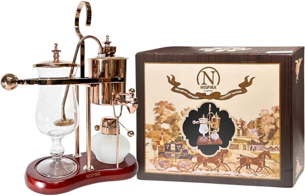 Nispira Belgium Royal Family Balance Syphon Coffee Maker Vacuum Brewing System | Vintage Classic Retro Luxury Exquisite Design | Smooth Great Aroma | Copper or Rose Gold Color | 500 ml