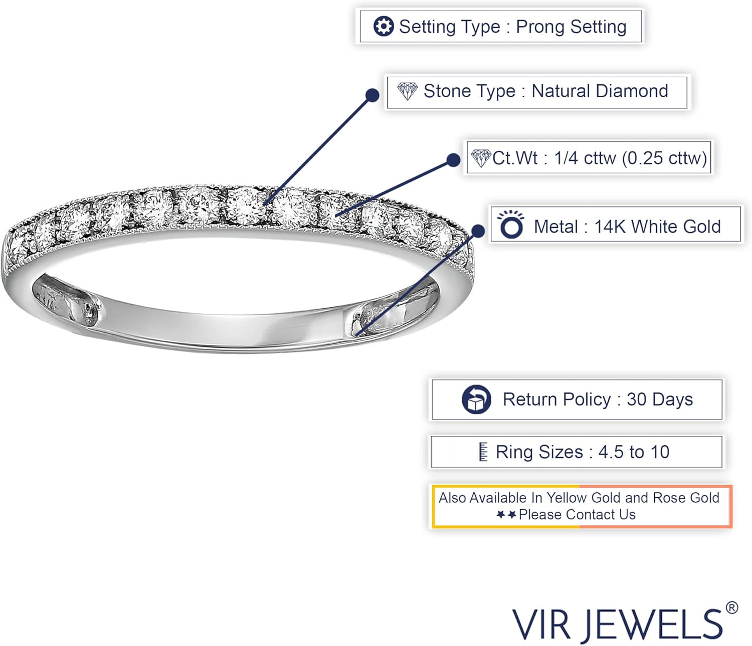 1/4 carat (ctw) Diamond Wedding Anniversary Band for Women, Half Eternity Round Diamond Engagement Ring in 14K White Gold Prong Set with Milgrain 0.25 cttw, Size 3.5-10 · v2