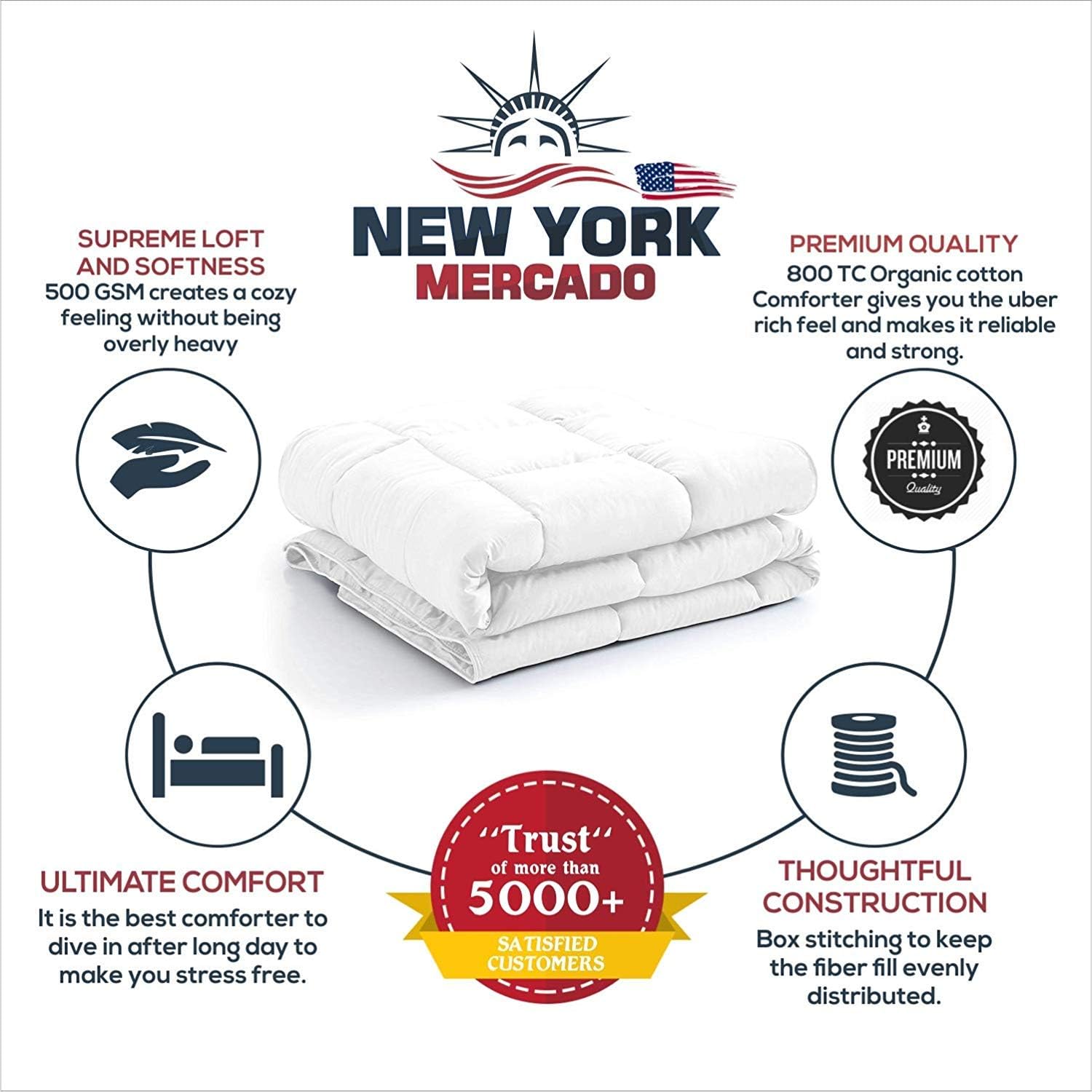 Piumino New York Mercado 100% cotone biologico di lusso e di alta qualità trapuntato con linguette angolari 500 g/m² certificato GOTS 800 TC per tutte le stagioni Caldo e soffice ultramorbido Piumino Full/Queen, avorio