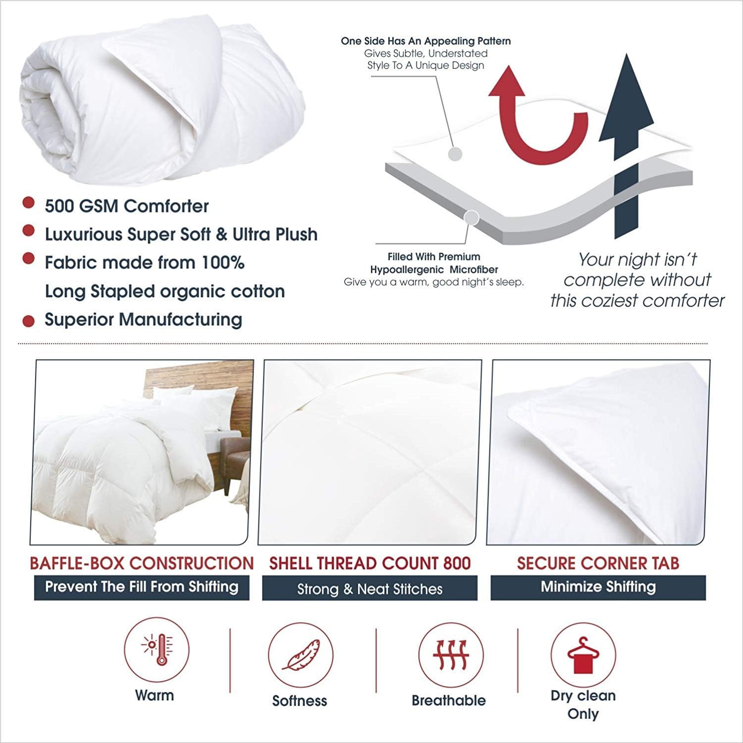 Piumino New York Mercado 100% cotone biologico di lusso e di alta qualità trapuntato con linguette angolari 500 g/m² certificato GOTS 800 TC per tutte le stagioni Caldo e soffice ultramorbido Piumino Full/Queen, avorio