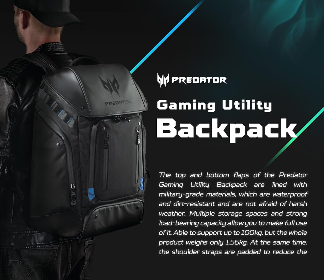 حقيبة ظهر Acer PBG591 Predator Utility Gaming، حقيبة ظهر للسفر مقاومة للماء والتمزق تناسب وتحمي الكمبيوتر المحمول Predator Gaming مقاس 17.3 بوصة، باللون الأسود مع لمسات باللون الأزرق المخضر