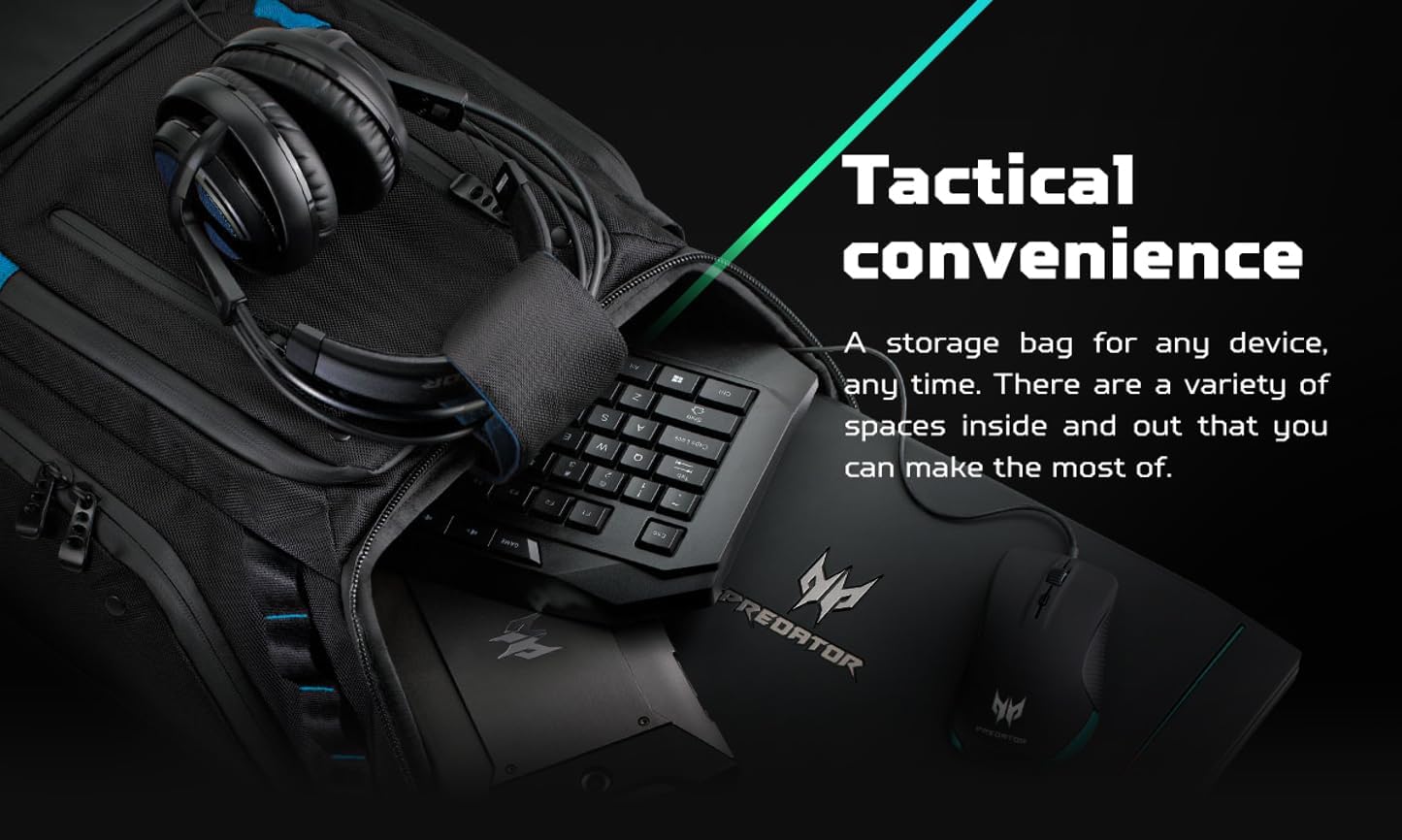حقيبة ظهر Acer PBG591 Predator Utility Gaming، حقيبة ظهر للسفر مقاومة للماء والتمزق تناسب وتحمي الكمبيوتر المحمول Predator Gaming مقاس 17.3 بوصة، باللون الأسود مع لمسات باللون الأزرق المخضر