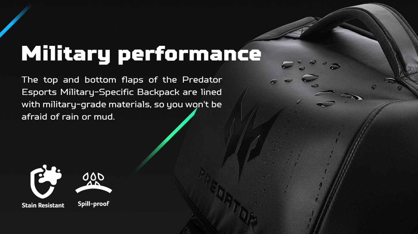 حقيبة ظهر Acer PBG591 Predator Utility Gaming، حقيبة ظهر للسفر مقاومة للماء والتمزق تناسب وتحمي الكمبيوتر المحمول Predator Gaming مقاس 17.3 بوصة، باللون الأسود مع لمسات باللون الأزرق المخضر