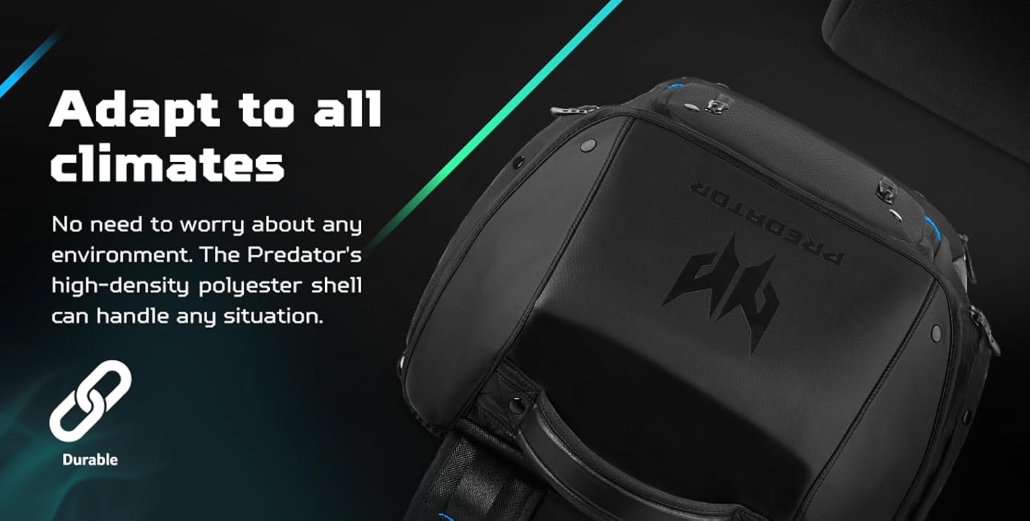 حقيبة ظهر Acer PBG591 Predator Utility Gaming، حقيبة ظهر للسفر مقاومة للماء والتمزق تناسب وتحمي الكمبيوتر المحمول Predator Gaming مقاس 17.3 بوصة، باللون الأسود مع لمسات باللون الأزرق المخضر