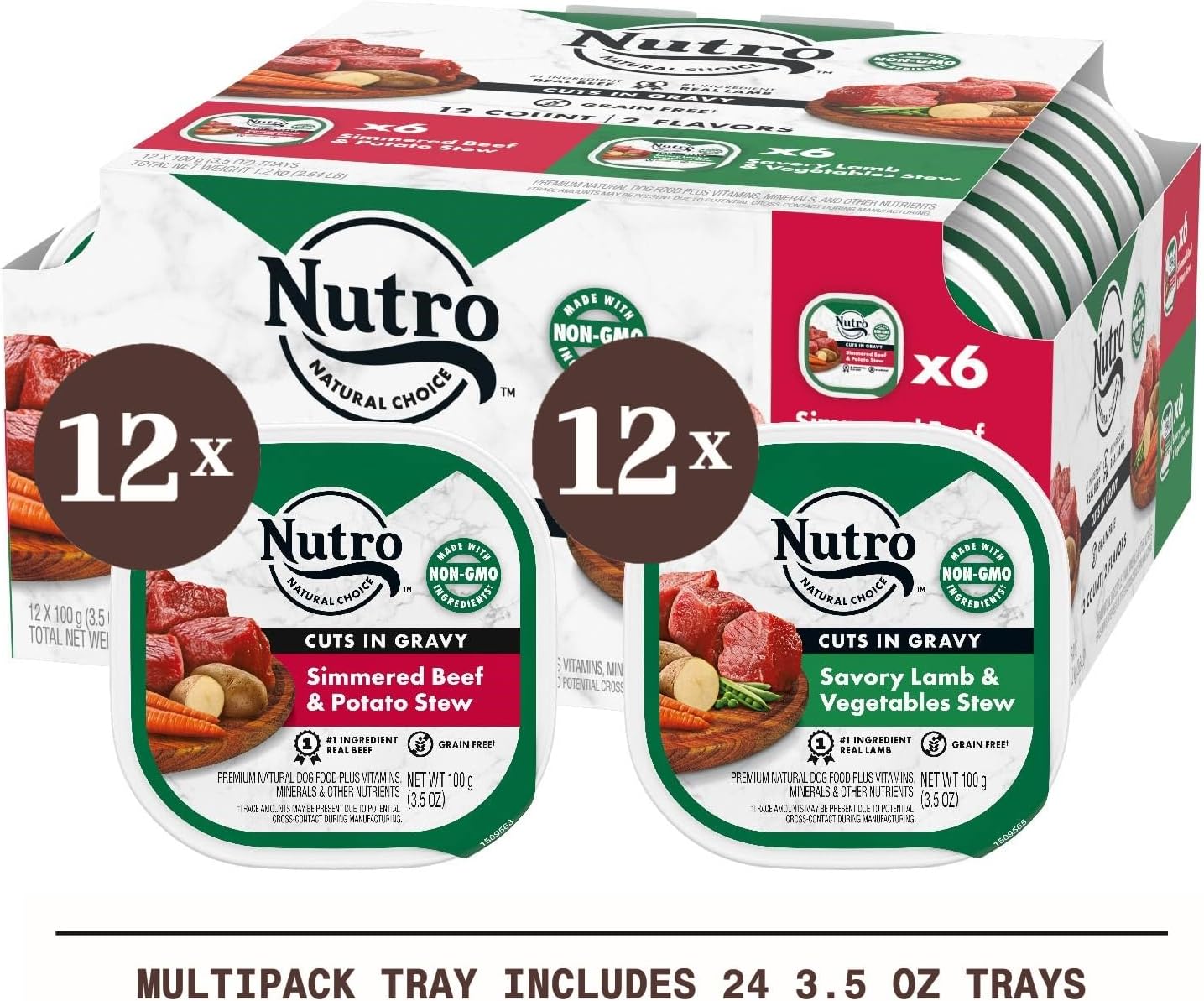 NUTRO Adult Natural Grain Free Wet Dog Food Cuts in Gravy Tender Chicken, Sweet Potato Pea Stew Recipe 및 Roasted Turkey, Potato amp; Pea Stew Recipe Variety Pack, 3.5 oz 트레이 12팩
