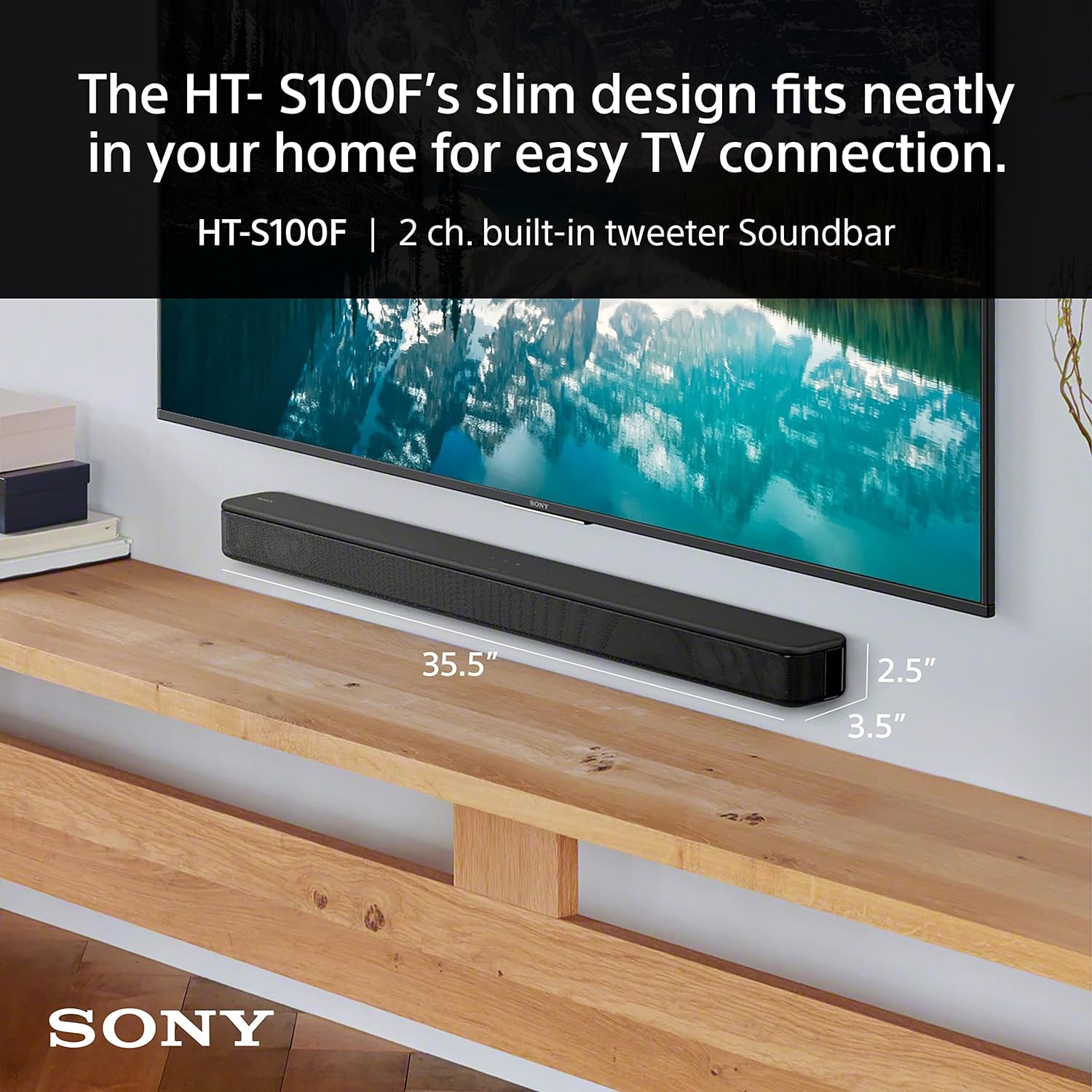 Sony S100F ซาวด์บาร์ 2.0ch พร้อมลำโพง Bass Reflex ทวีตเตอร์ในตัวและบลูทูธ (HTS100F) ตั้งค่าได้ง่าย กะทัดรัด ใช้งานที่บ้านและที่ทำงานด้วยเสียงที่ชัดเจน สีดำ