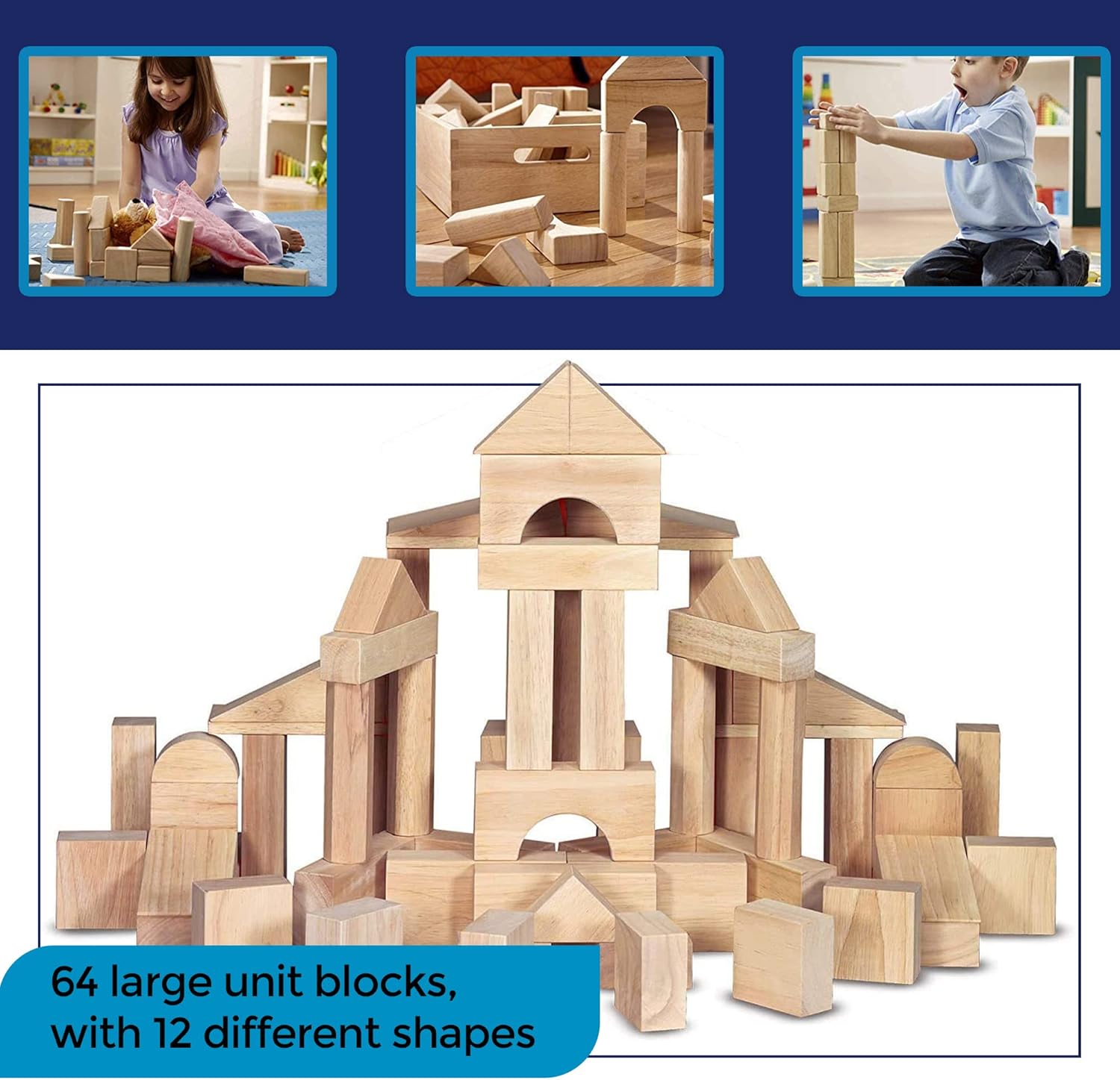 Standard Unit Building Blocks for Toddlers with Storage Tray (64 Pcs) Sanded Wood Blocks for Children, Original STEAM, and STEM Learning, Classic Wooden Toys for Kids Parties and Classrooms · v7