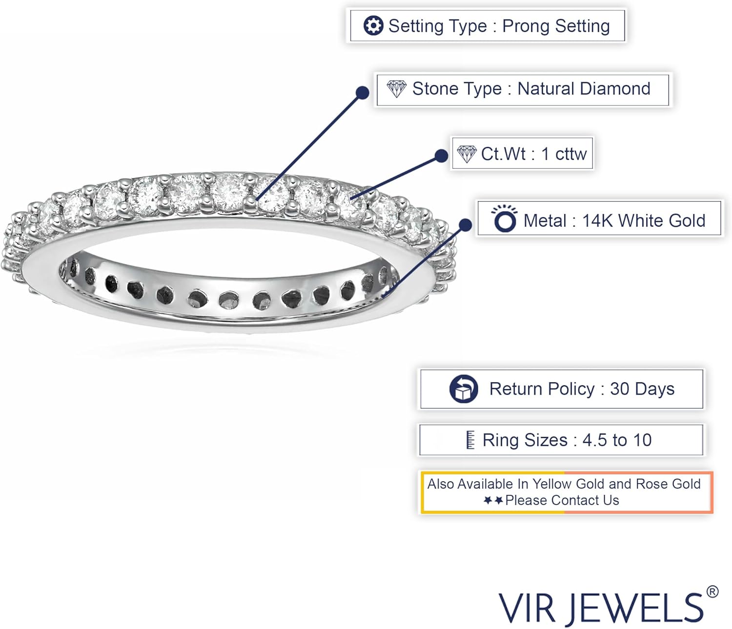 แหวนเพชรทรงกลมสำหรับหมั้นผู้หญิง 1/2 กะรัตถึง 1 กะรัต ดีไซน์ขอบทองคำ 14K ขนาด 4.5-10