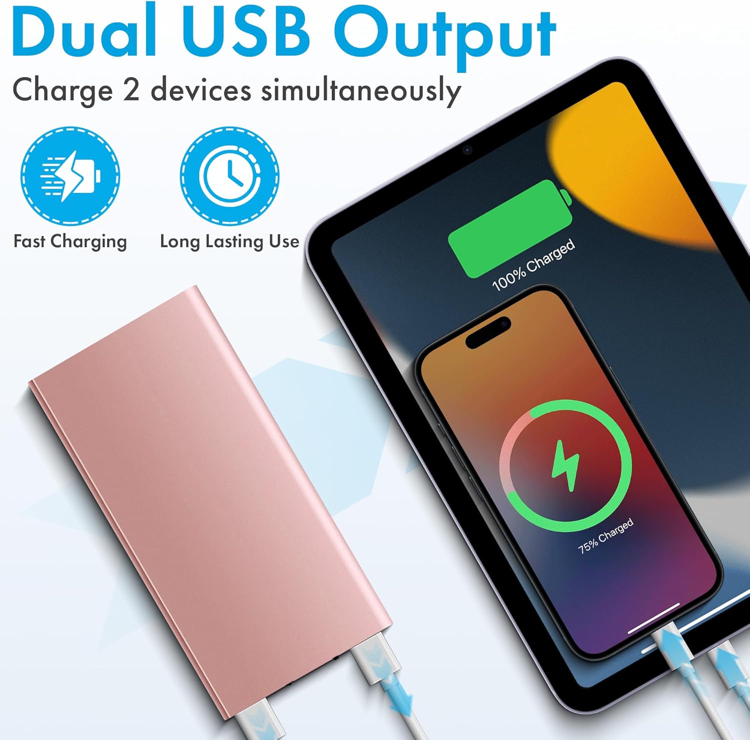 Power Bank - Chargeur portable ultra fin, 20 000 mAh, 20 W, chargeur de batterie externe portable, voiture, voyage, extérieur, secours, haute capacité avec lumière LED pour iPhone et téléphone portable Samsung (or rose)