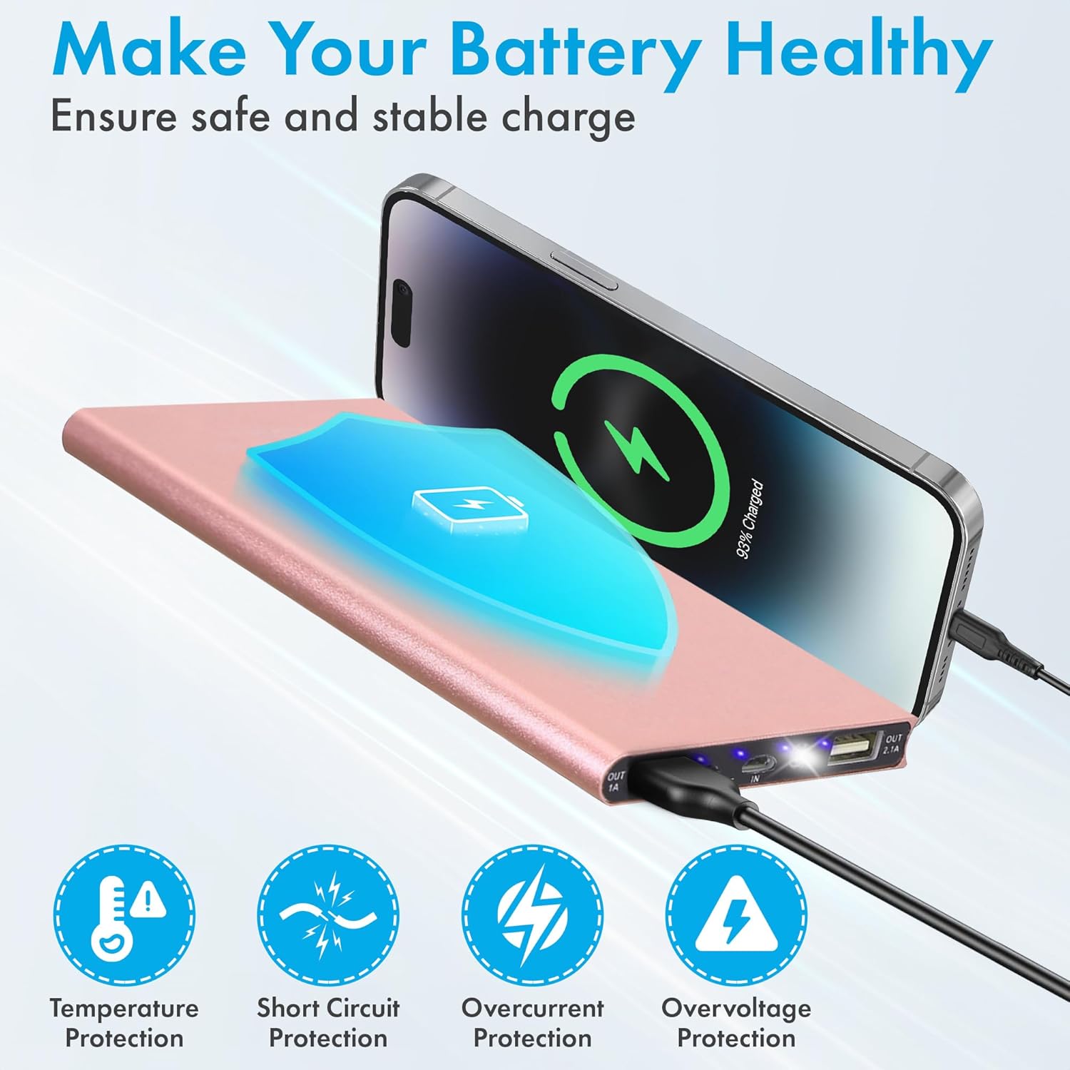 Power Bank - Chargeur portable ultra fin, 20 000 mAh, 20 W, chargeur de batterie externe portable, voiture, voyage, extérieur, secours, haute capacité avec lumière LED pour iPhone et téléphone portable Samsung (or rose)