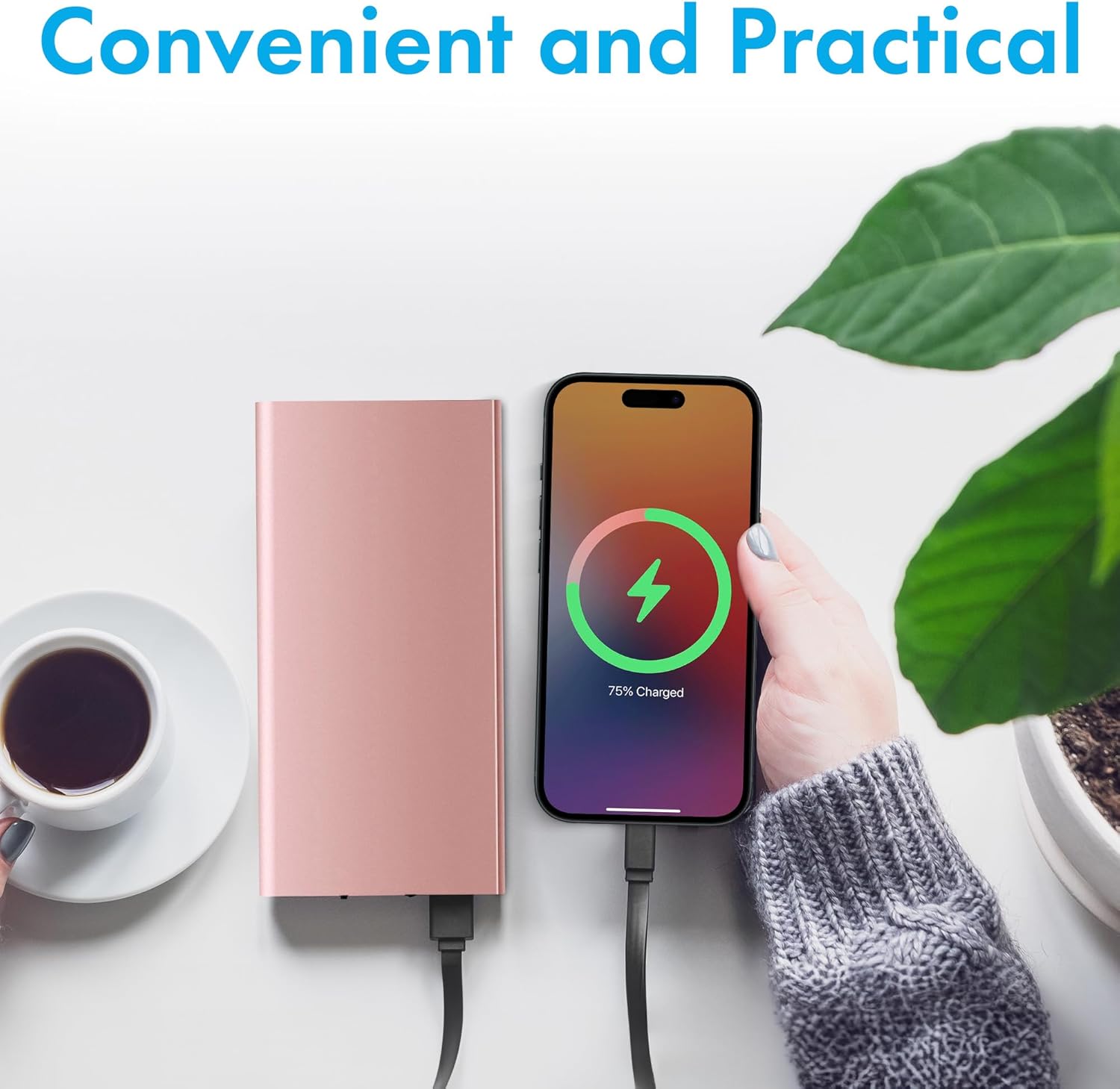 Power Bank - Chargeur portable ultra fin, 20 000 mAh, 20 W, chargeur de batterie externe portable, voiture, voyage, extérieur, secours, haute capacité avec lumière LED pour iPhone et téléphone portable Samsung (or rose)