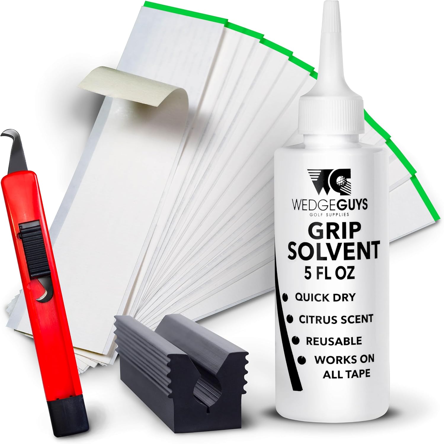 Kits de poignées de golf Wedge Guys pour regripper les clubs de golf - Qualité professionnelle - Les options incluent une lame à crochet, 15 ou 30 bandes de ruban adhésif, un étau en caoutchouc solvant de 5 ou 8 oz