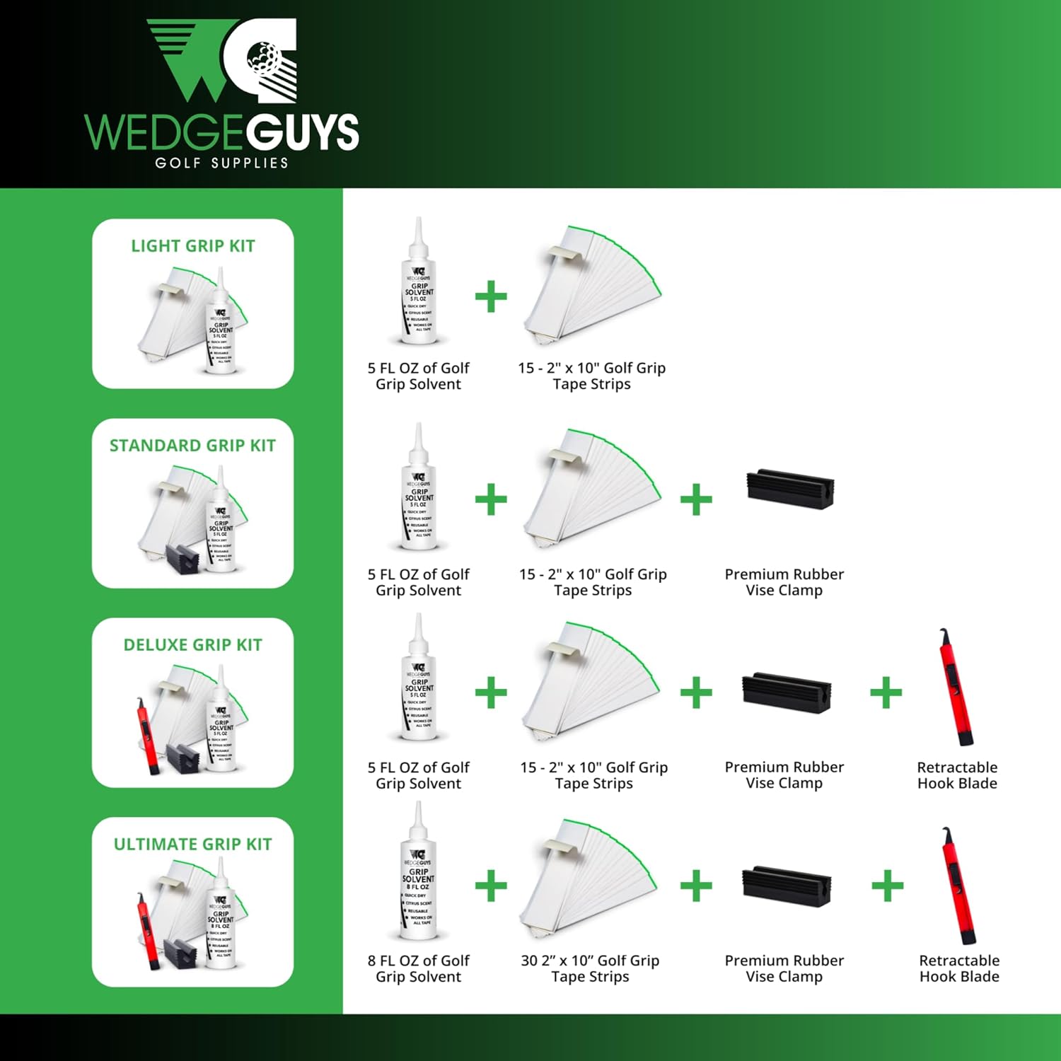 Kits de poignées de golf Wedge Guys pour regripper les clubs de golf - Qualité professionnelle - Les options incluent une lame à crochet, 15 ou 30 bandes de ruban adhésif, un étau en caoutchouc solvant de 5 ou 8 oz