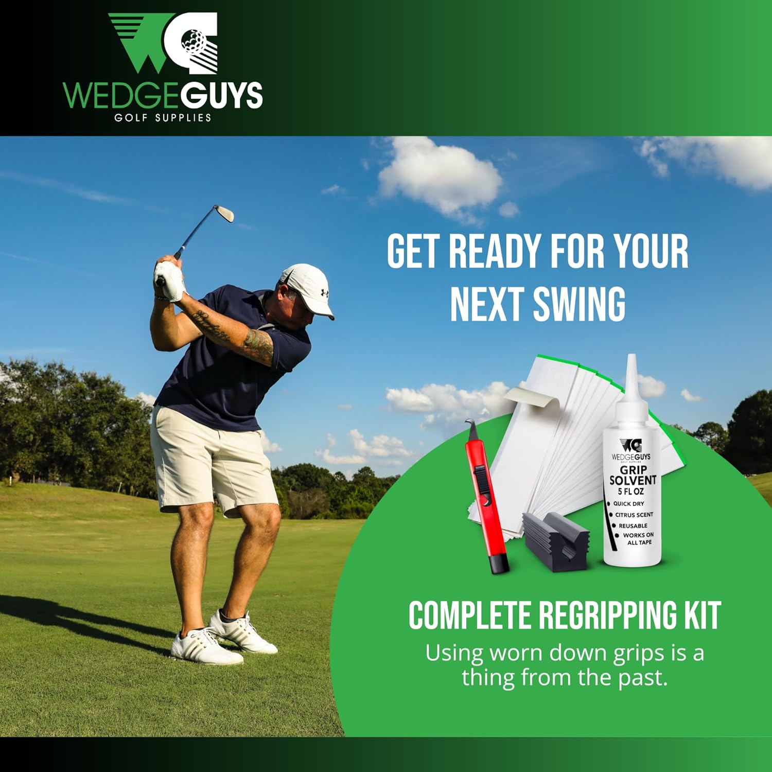 Kits de poignées de golf Wedge Guys pour regripper les clubs de golf - Qualité professionnelle - Les options incluent une lame à crochet, 15 ou 30 bandes de ruban adhésif, un étau en caoutchouc solvant de 5 ou 8 oz