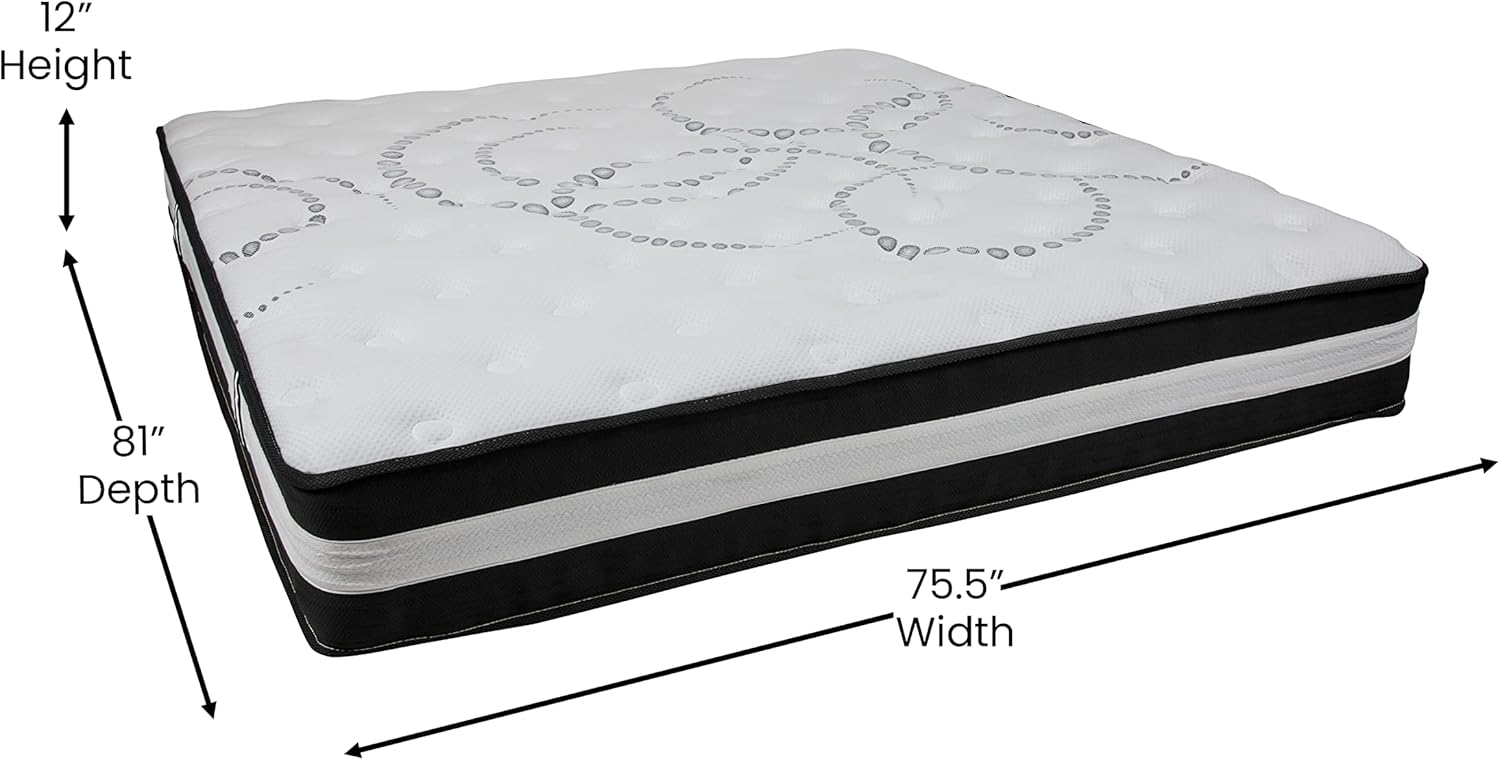 Flash Furniture Capri Comfortable Sleep 12 ハイブリッドポケットスプリング＆フォームマットレス（箱入り）、圧力緩和用フォームポケットスプリングハイブリッドマットレス、キング