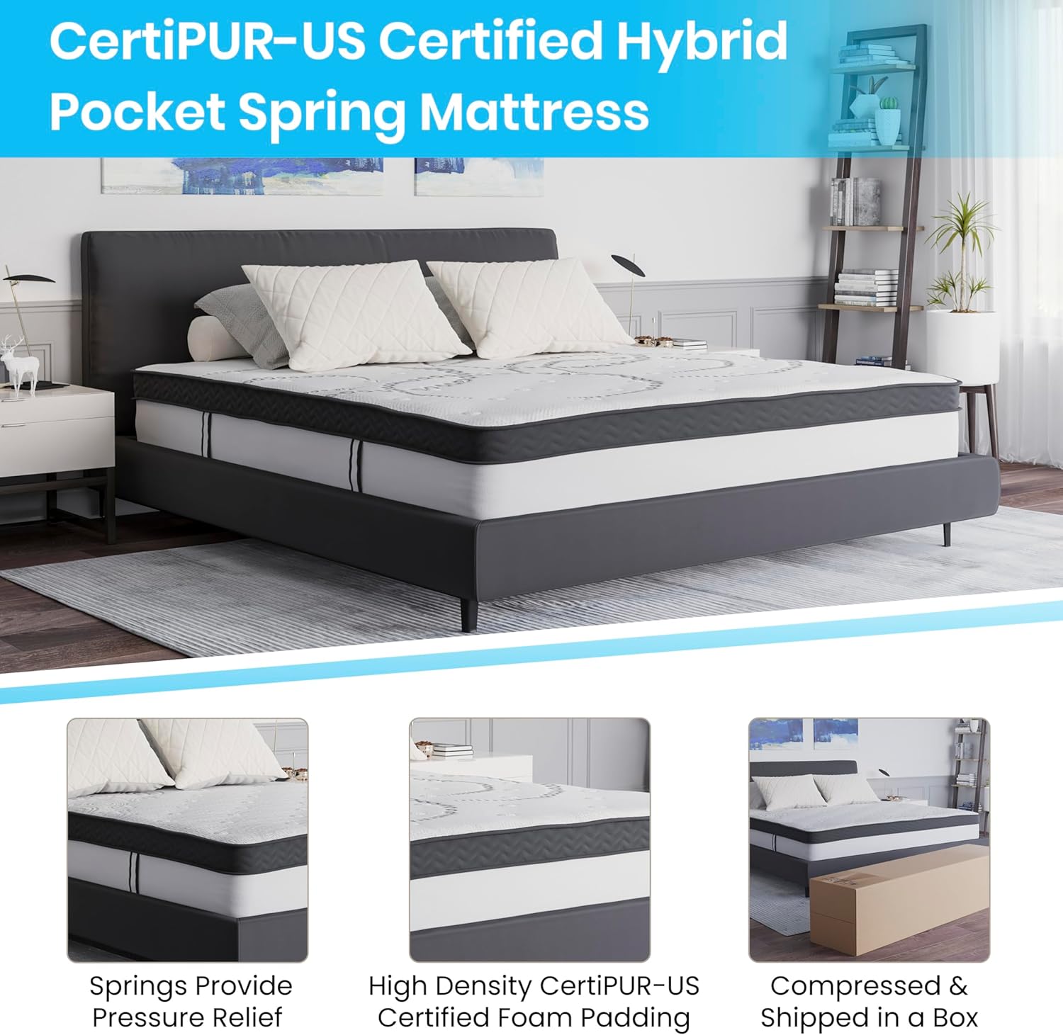 Flash Furniture Capri Comfortable Sleep 12 ハイブリッドポケットスプリング＆フォームマットレス（箱入り）、圧力緩和用フォームポケットスプリングハイブリッドマットレス、キング