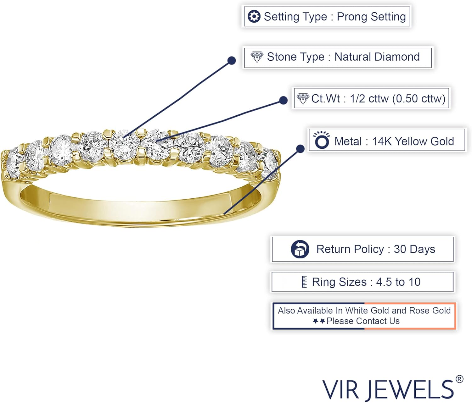 แหวนเพชรทรงกลมสำหรับหมั้นผู้หญิง 1/2 กะรัต (ctw) ทองคำเหลือง 14K ประดับเพชร 10 เม็ด 0.50 กะรัต I1-I2 ขนาด 4.5-10