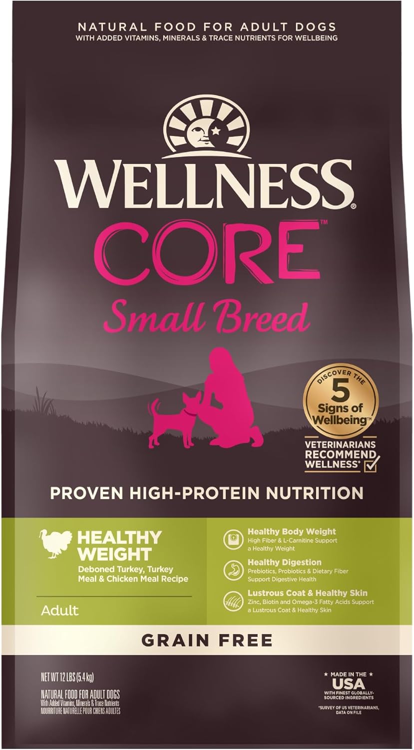Alimento para mascotas Wellness Natural CORE, sin cereales, rico en proteínas, para razas pequeñas, ingredientes naturales, fabricado en EE. UU. con carne auténtica (adulto, peso saludable, bolsa de 12 libras)